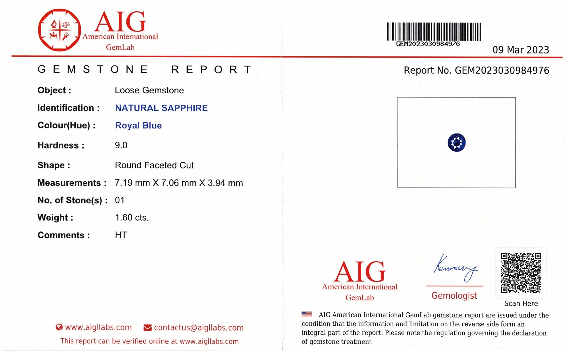 AIG gemstone report for a natural sapphire with details on color, hardness, shape, measurements, and weight.