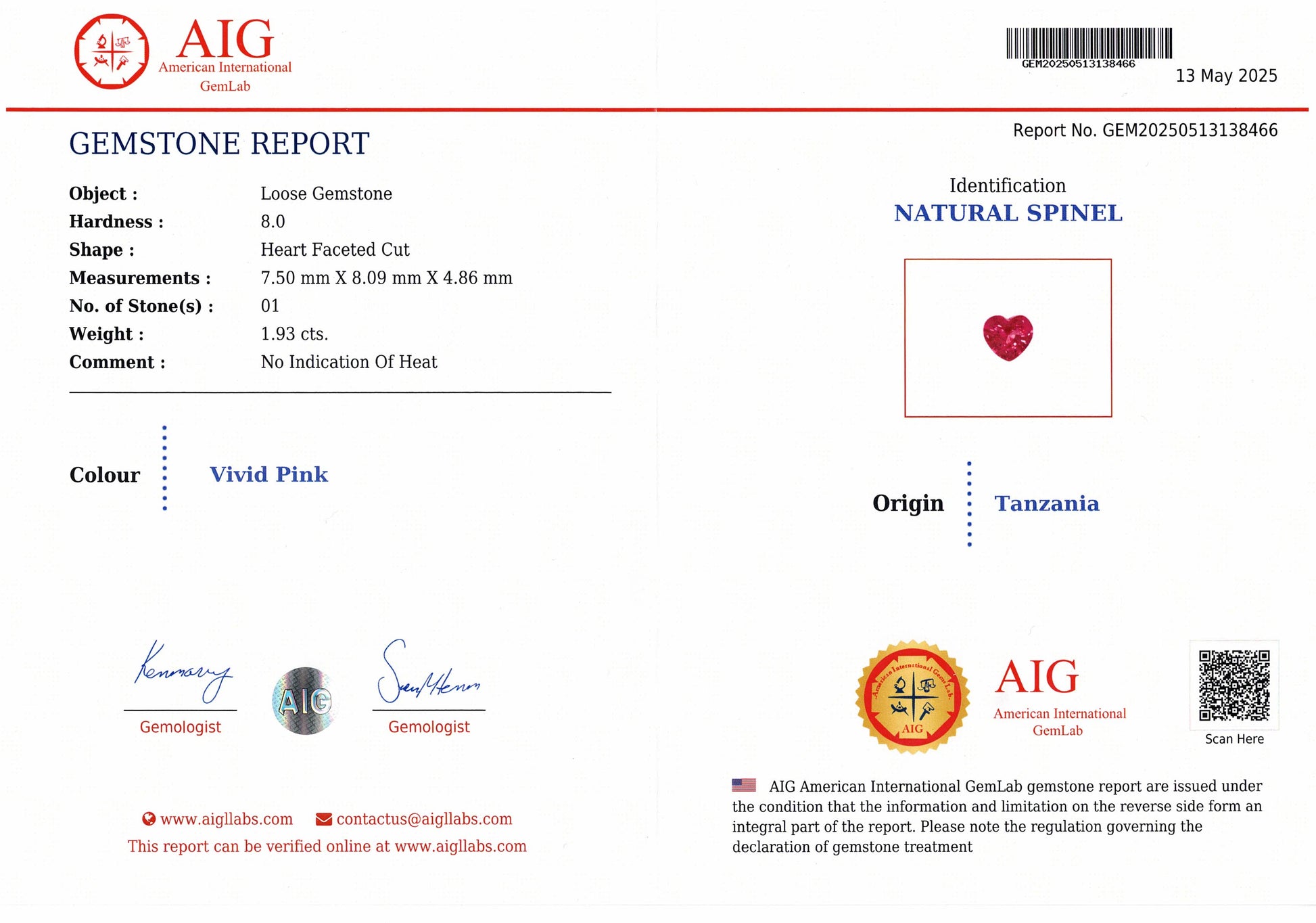 1.93ct Pink Mahenge Spinel - AIG Lab Report