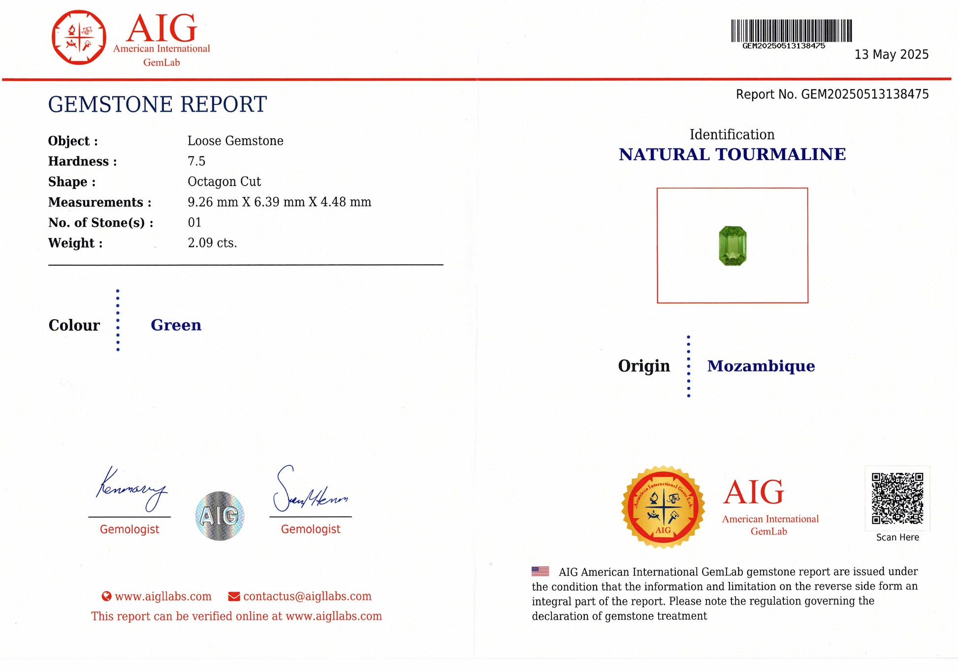 2.09ct Mint Green Tourmaline Lab Report