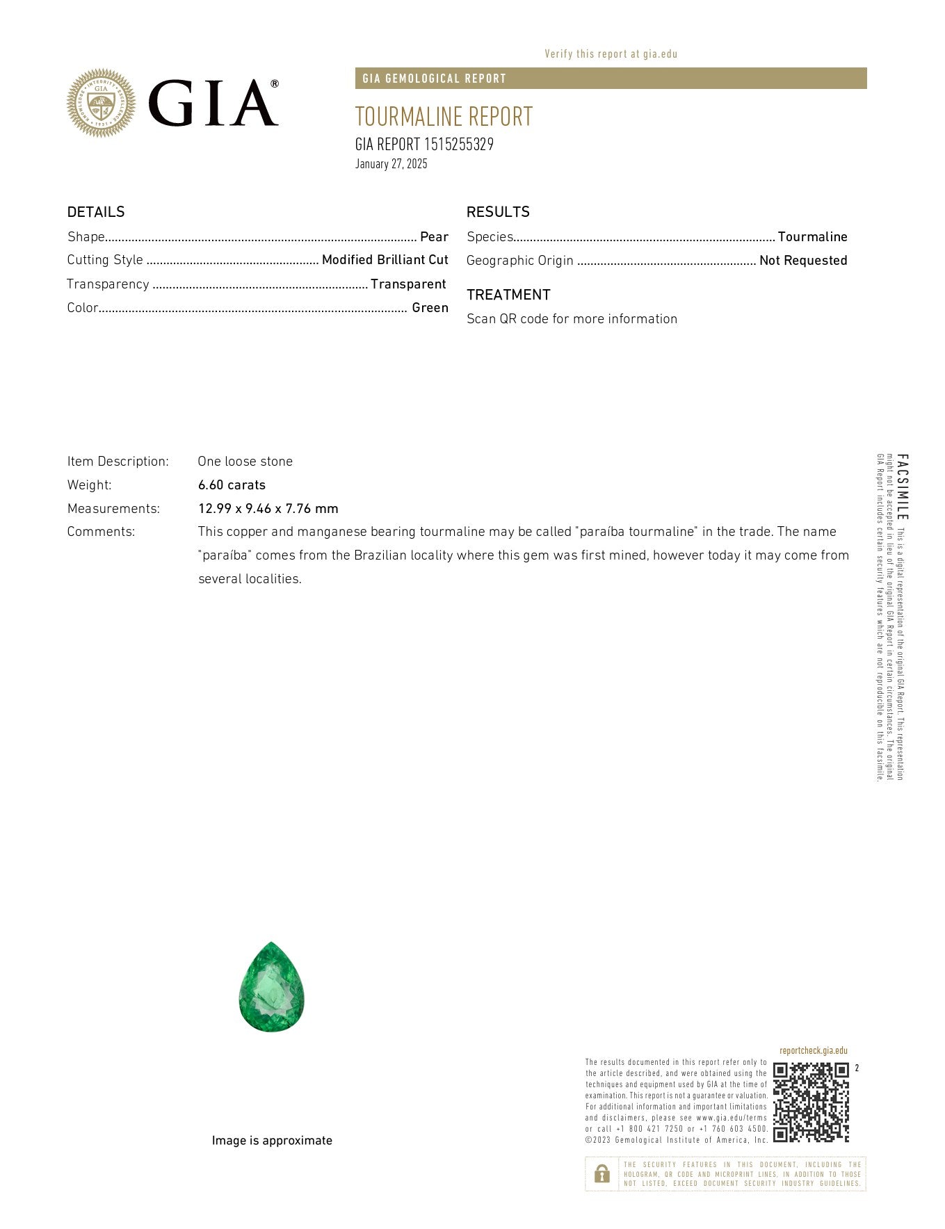 6.60ct Paraiba Tourmaline Pear Cut GIA Report