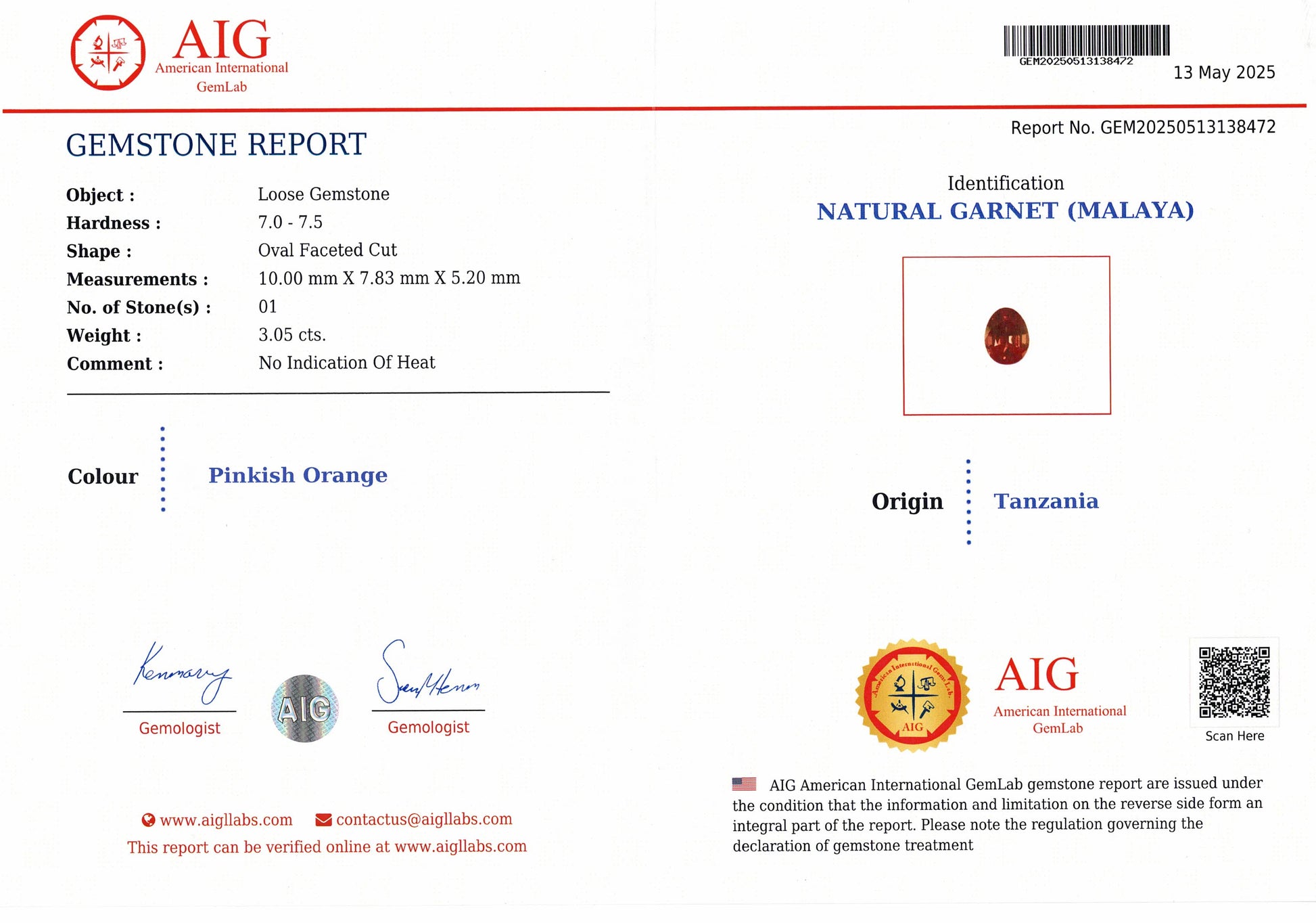 3.05ct Malaya Garnet