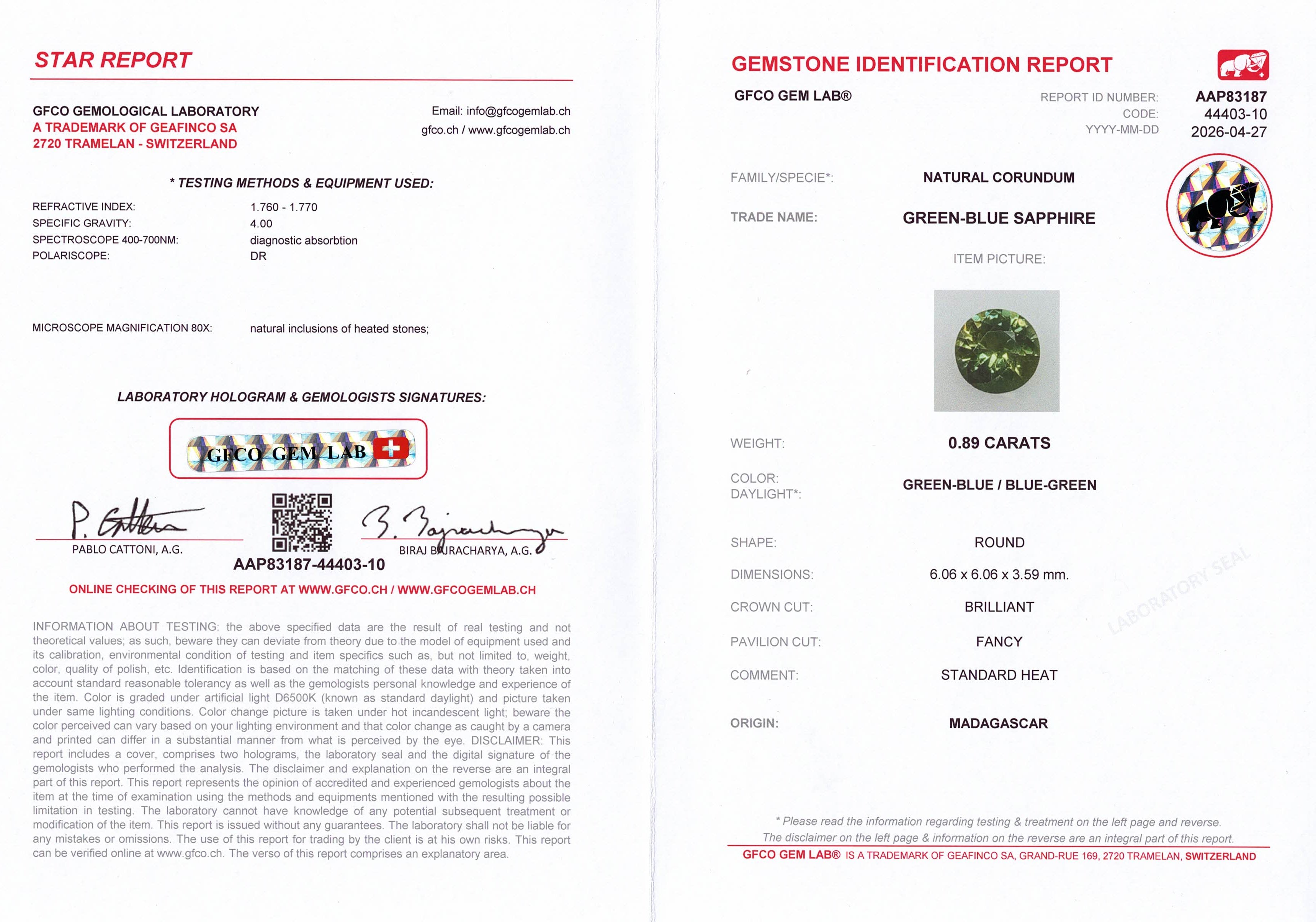 0.89ct Green Sapphire Round Brilliant Cut
