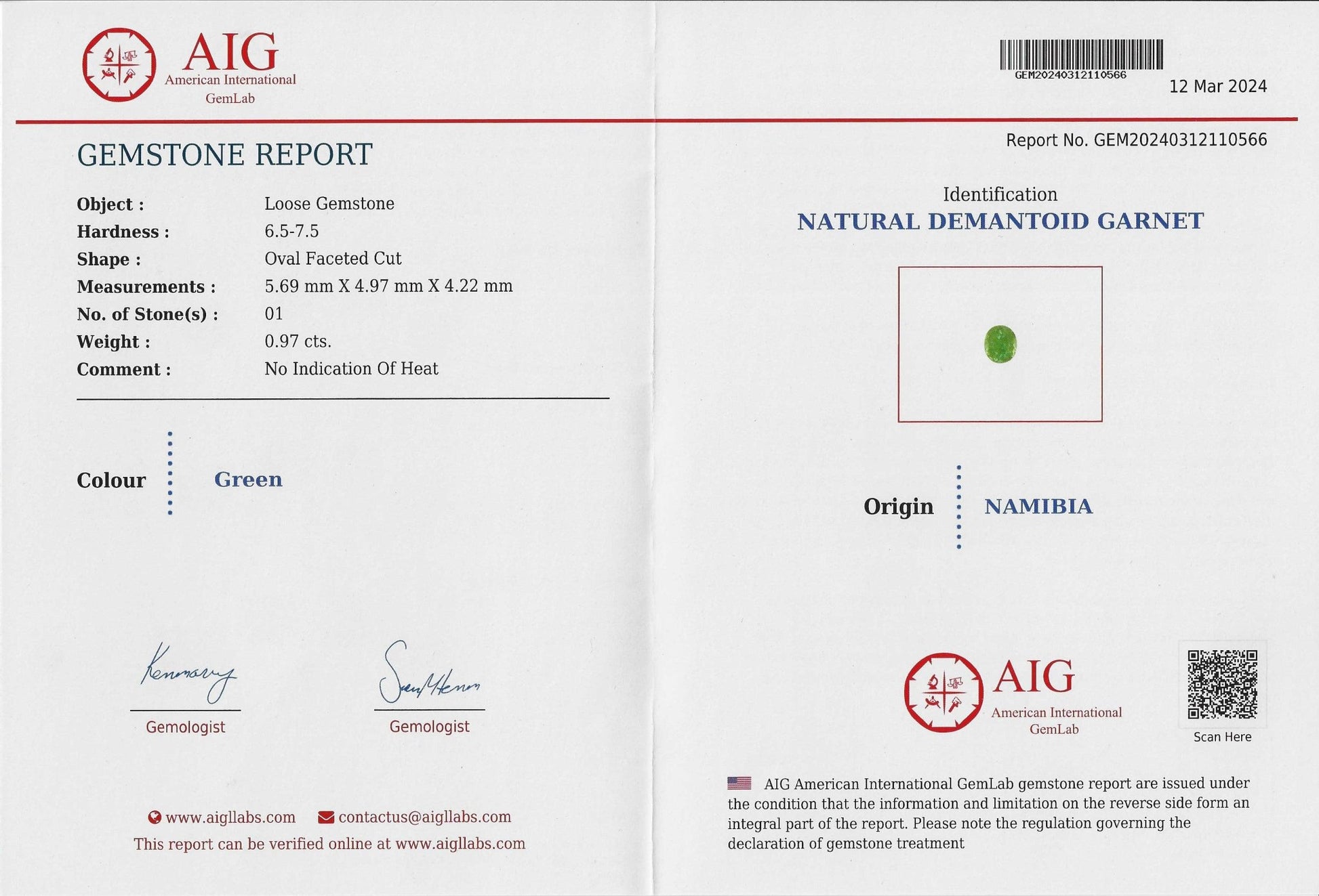 0.97ct Demantoid Garnet - The Sapphire Merchant