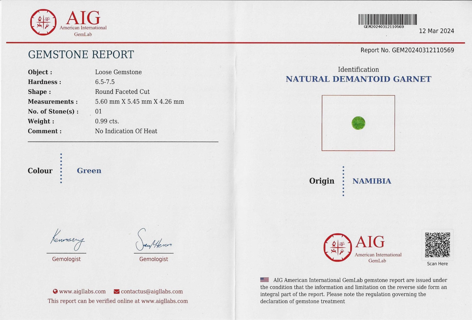 0.99ct Demantoid Garnet - The Sapphire Merchant