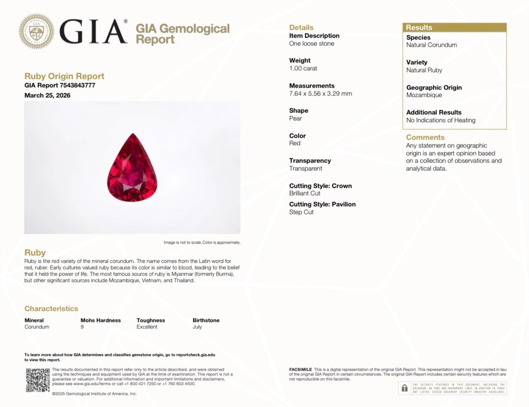 1.00ct Ruby Pear Shape with GIA