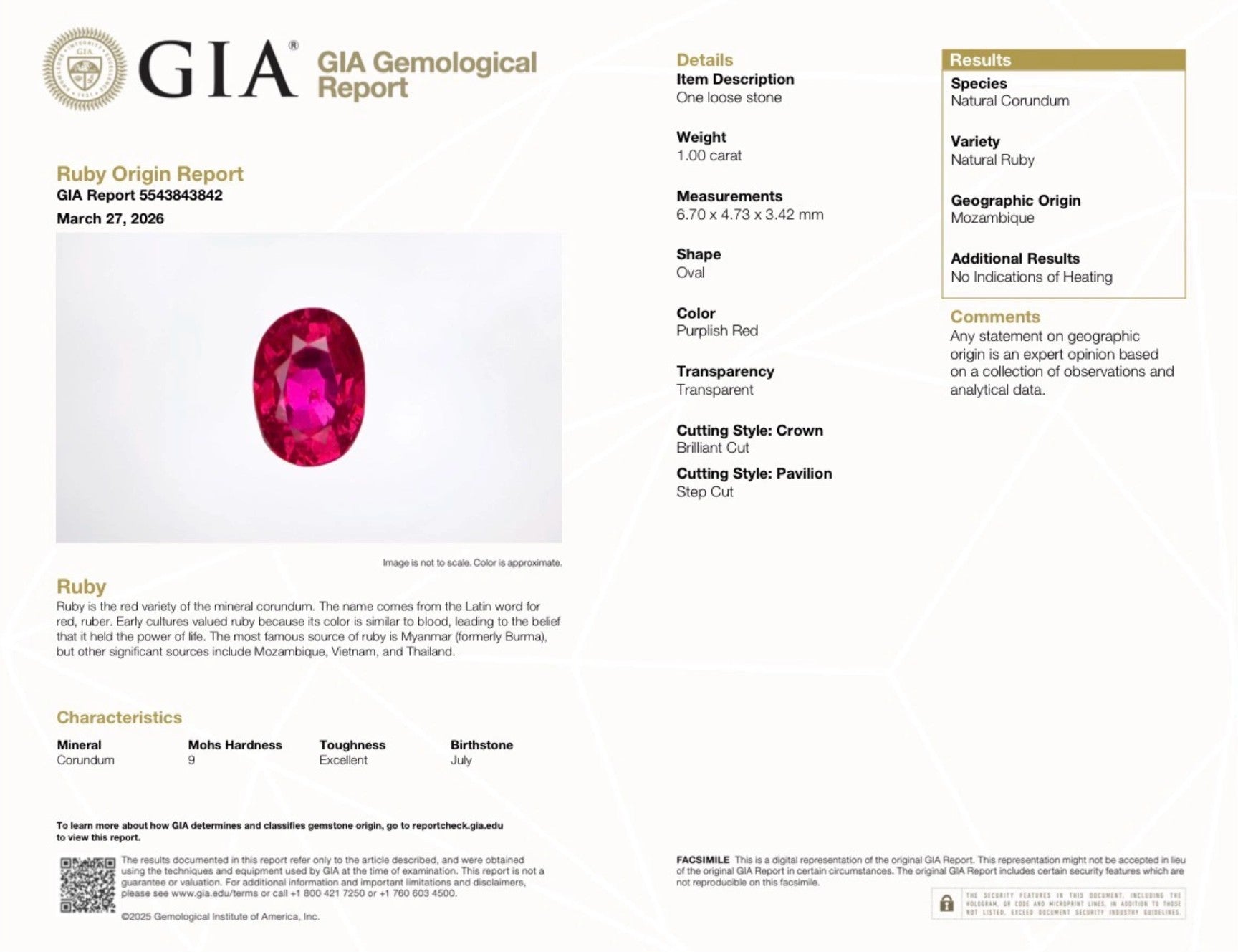 1.00ct Ruby Oval Unheated with GIA