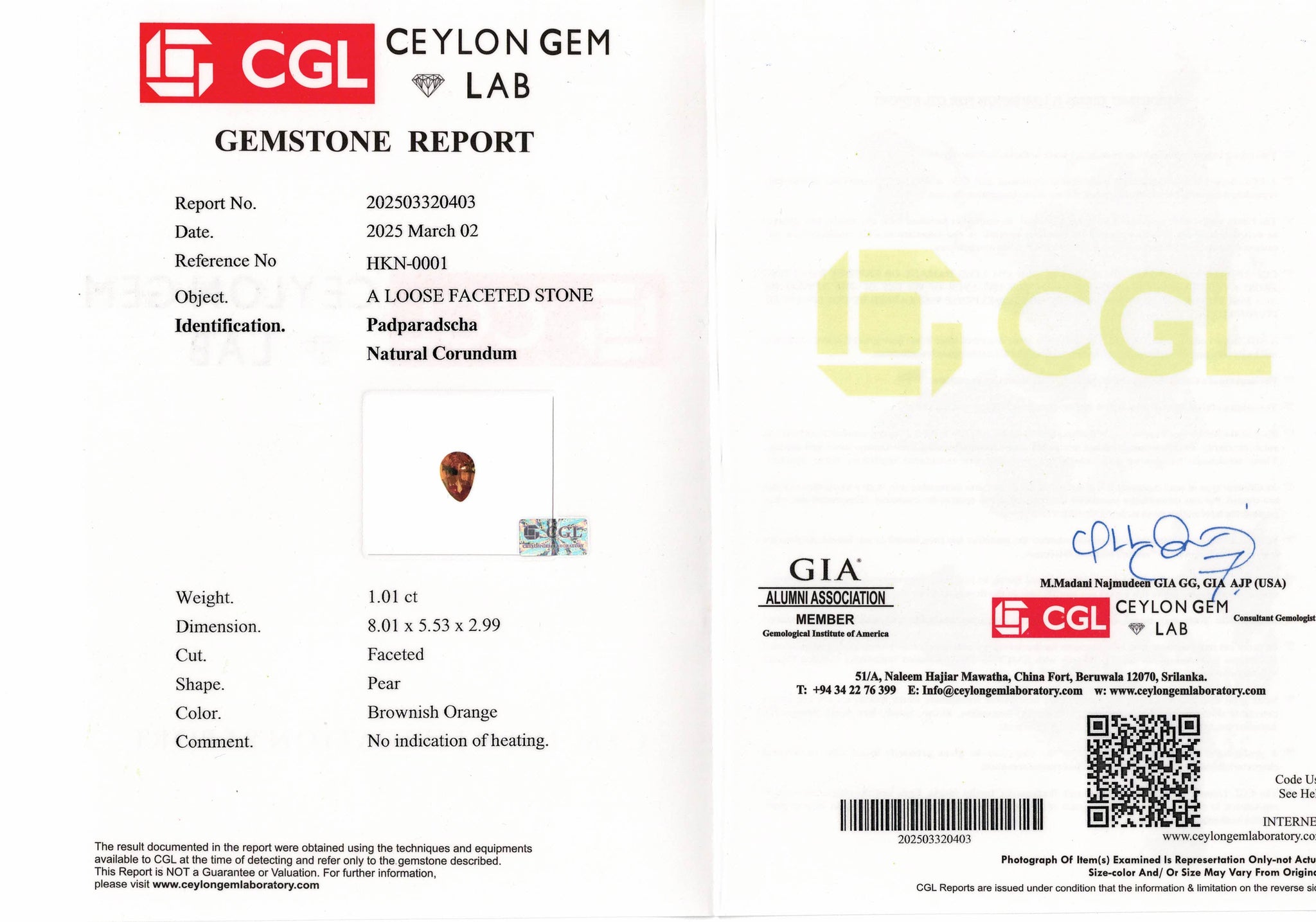 1.01ct Padparadscha Sapphire Unheated
