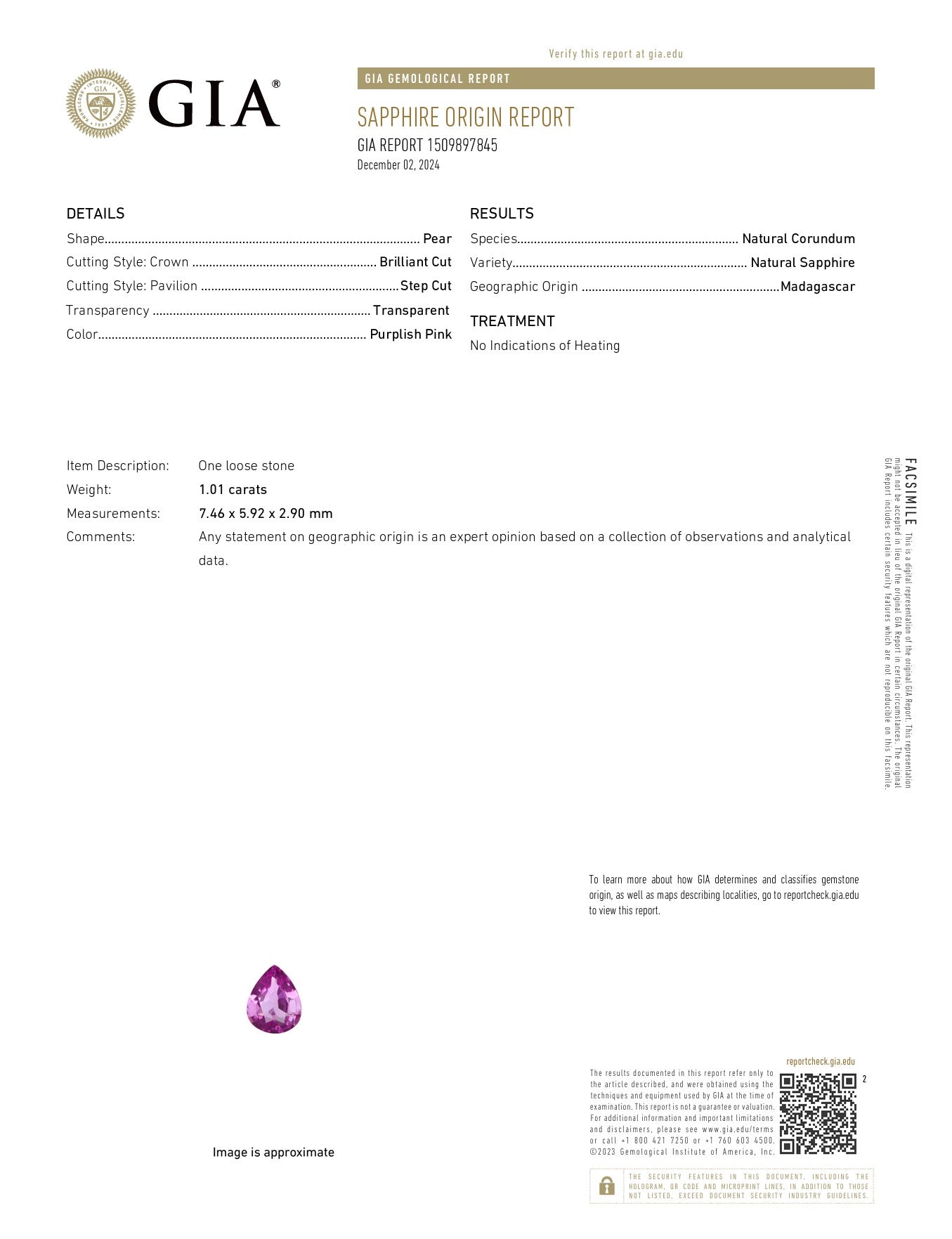1.01ct Pink Sapphire Pear Cut GIA Report