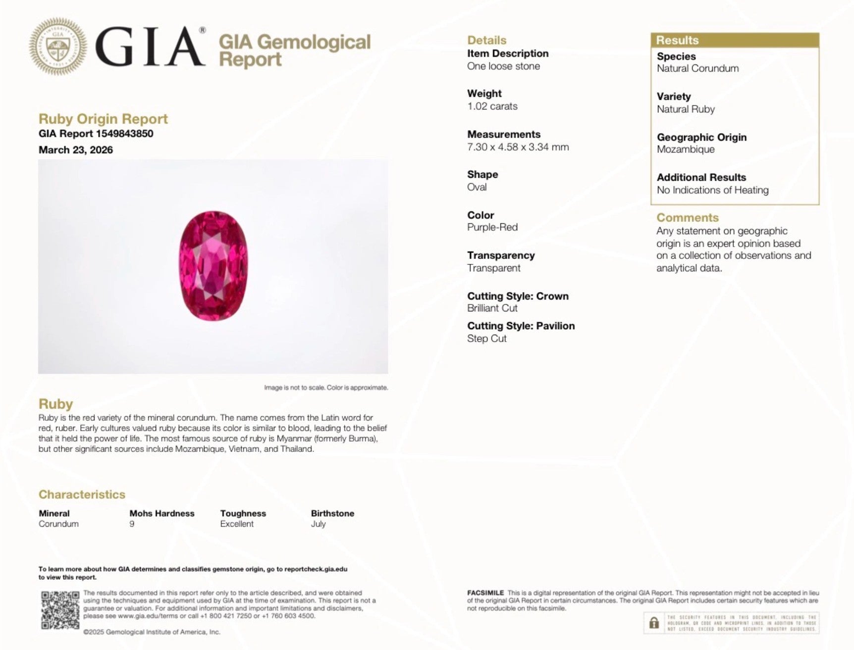 1.02ct Ruby Oval Cut Unheated
