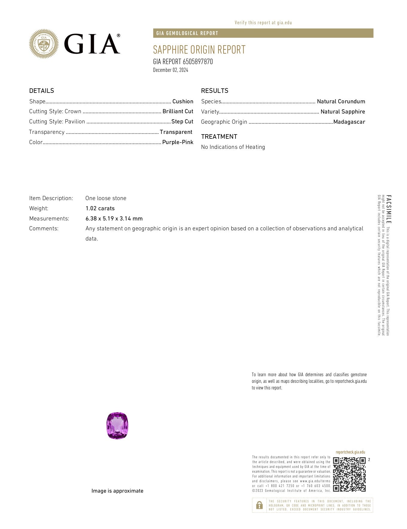 1.02ct Pink Sapphire Cushion Cut GIA Report