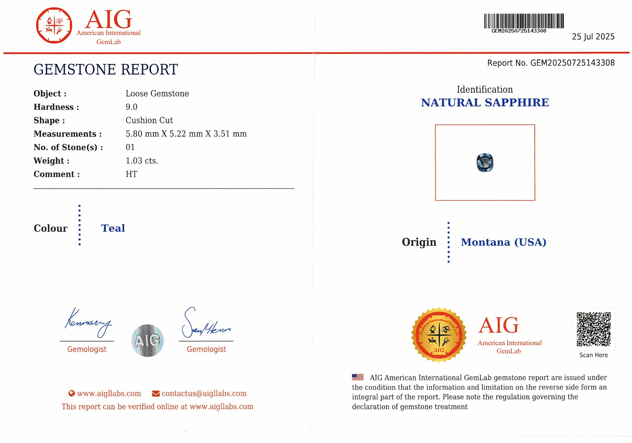 1.03ct Montana Sapphire
