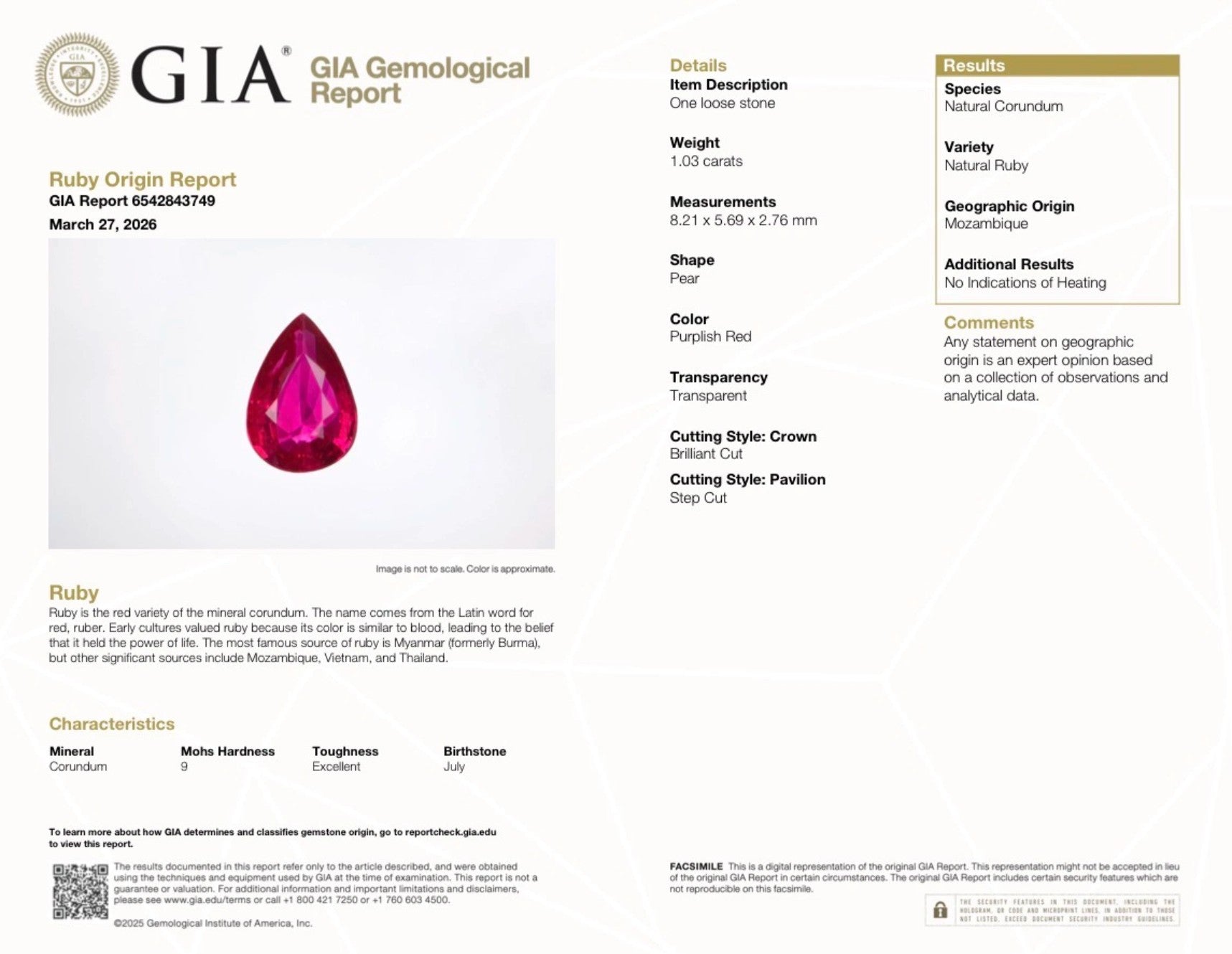 1.03ct Ruby Pear Cut GIA