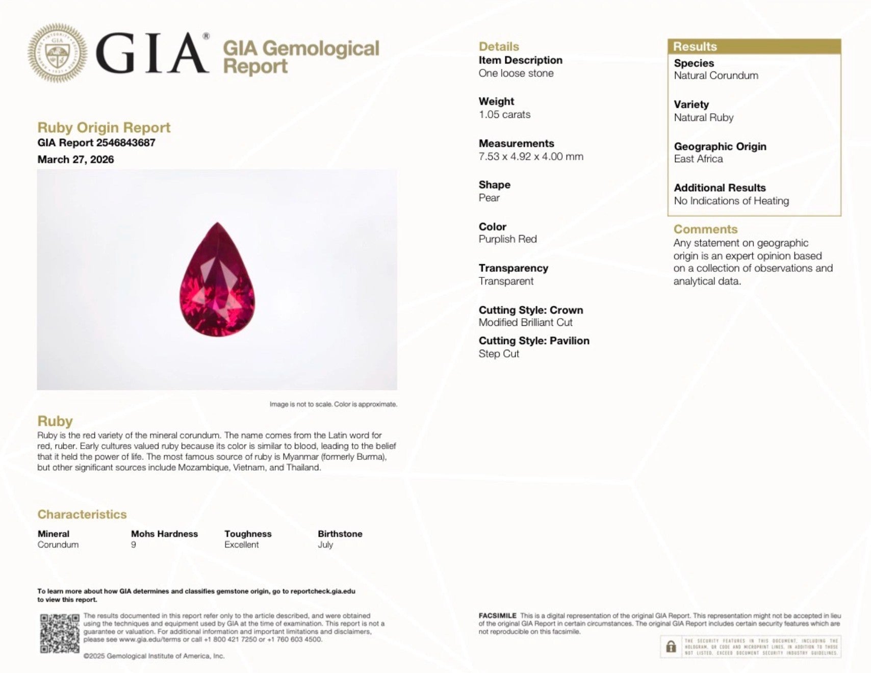 1.05ct Ruby Unheated GIA