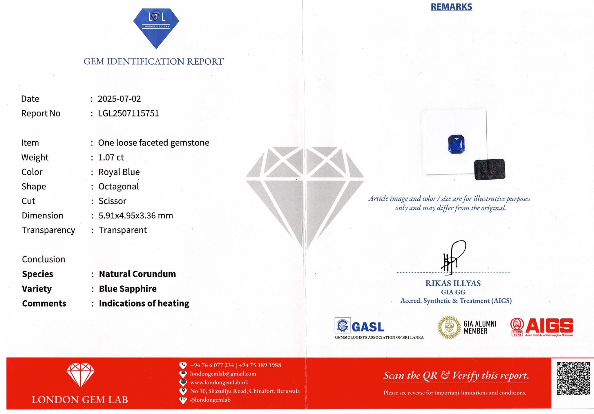 1.07ct Royal Blue Sapphire Emerald Cut