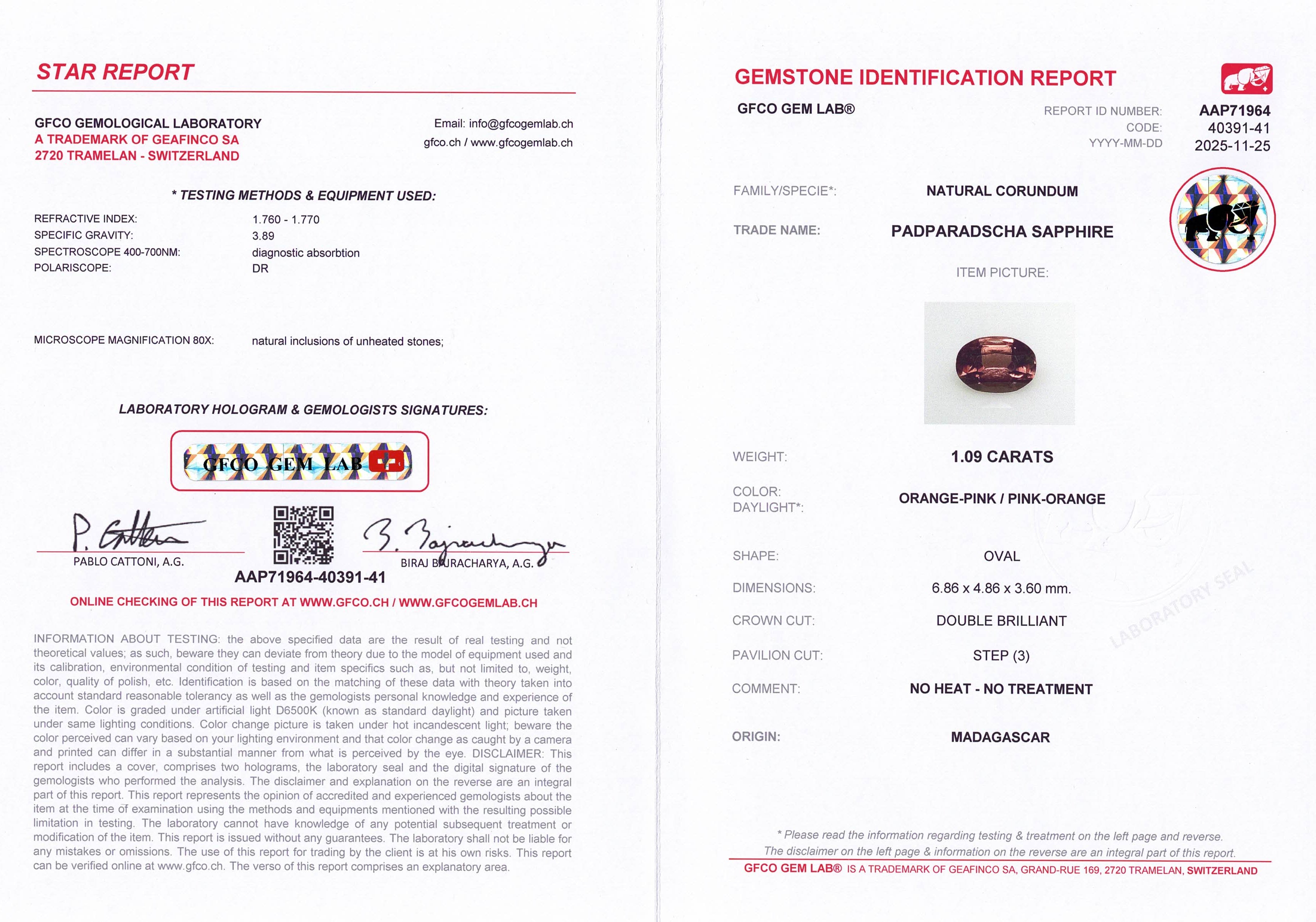 1.09ct Padparadscha Sapphire Unheated