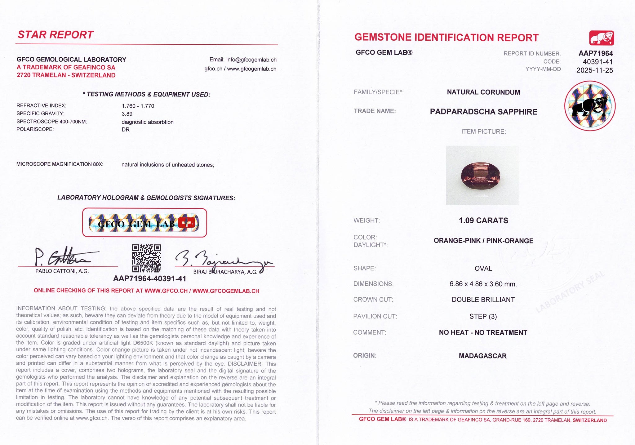 1.09ct Padparadscha Sapphire Unheated