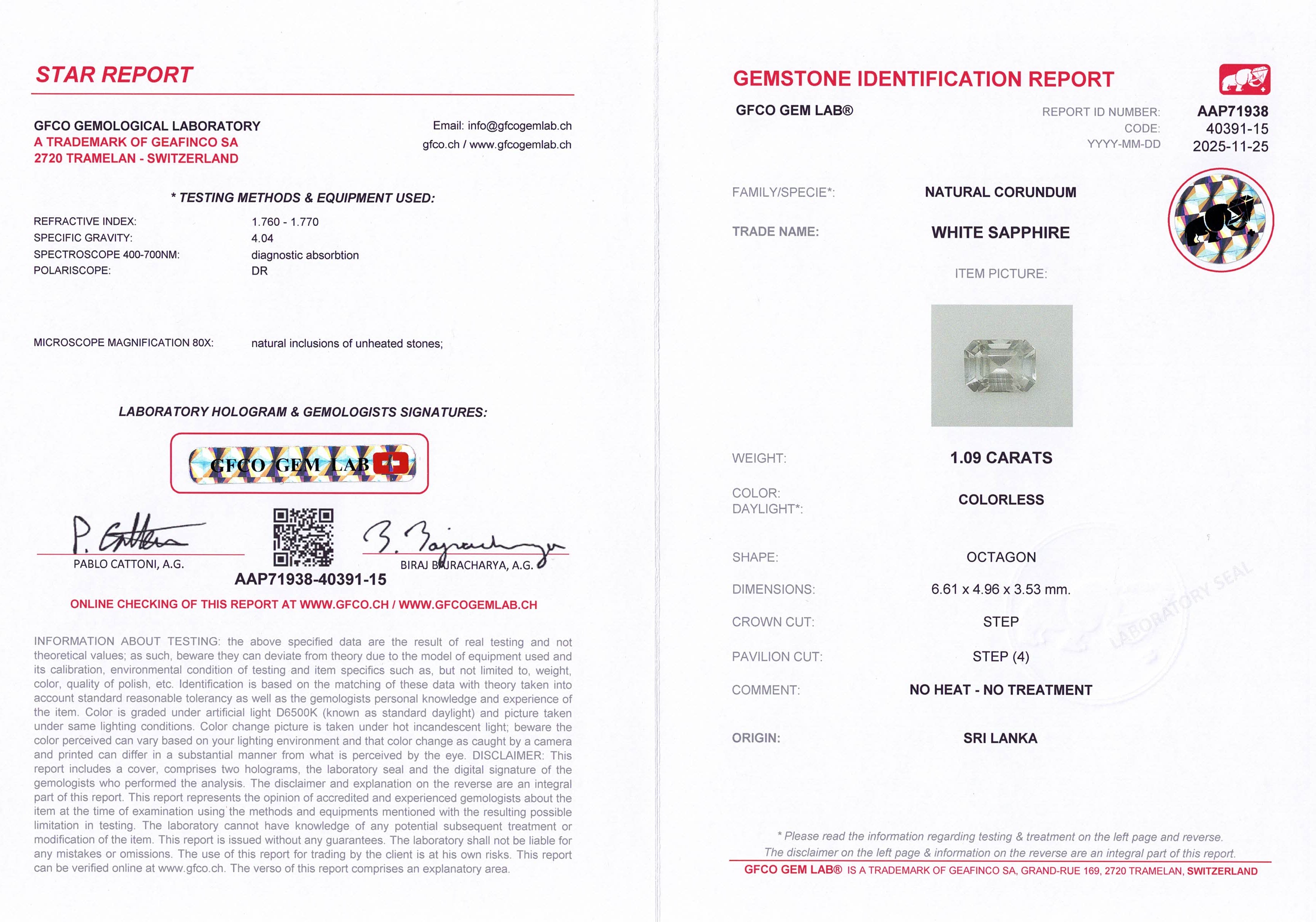 1.09ct White Sapphire Emerald Cut Sri Lanka