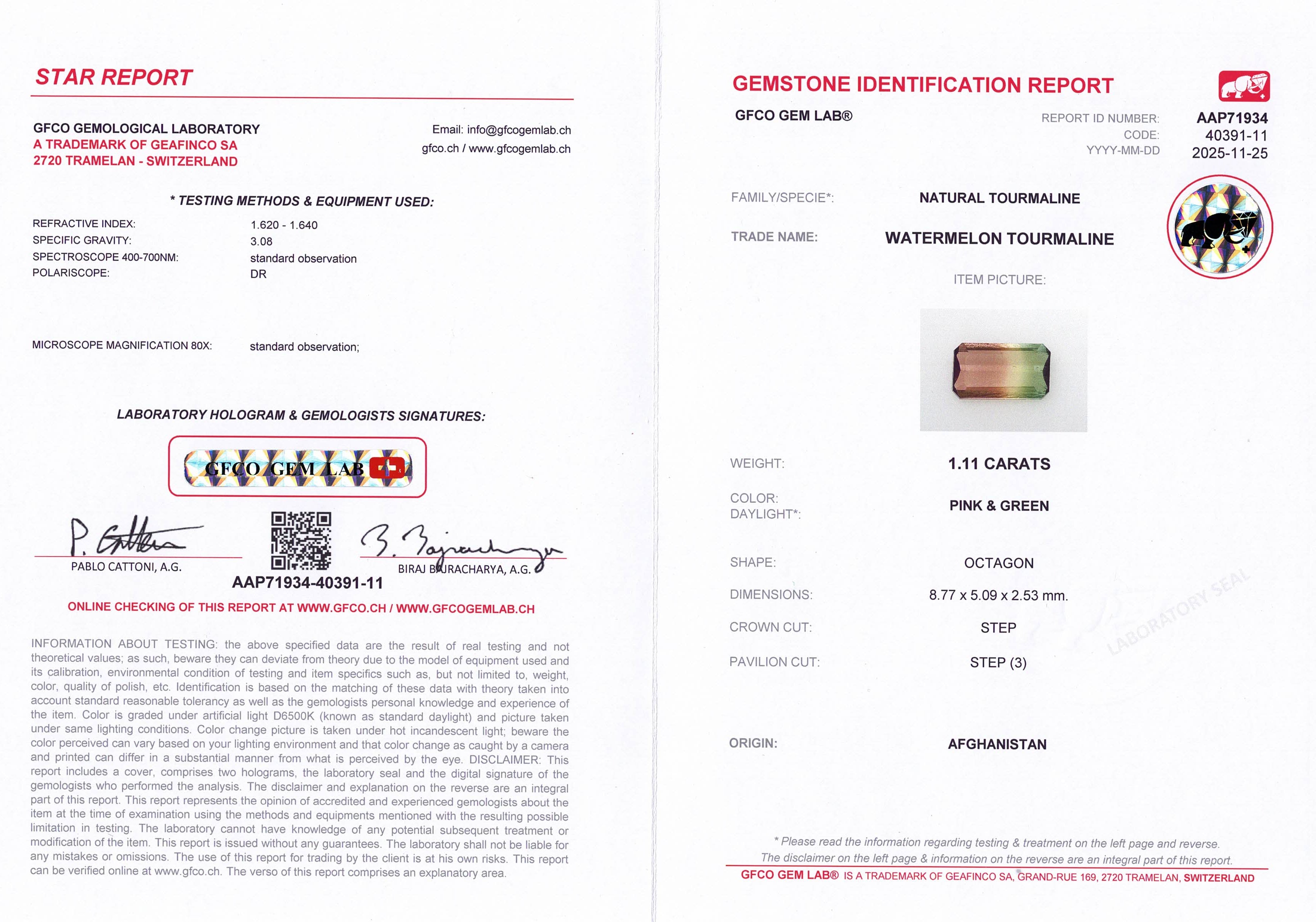 1.11ct Watermelon Tourmaline Emerald Cut Afghanistan Origin