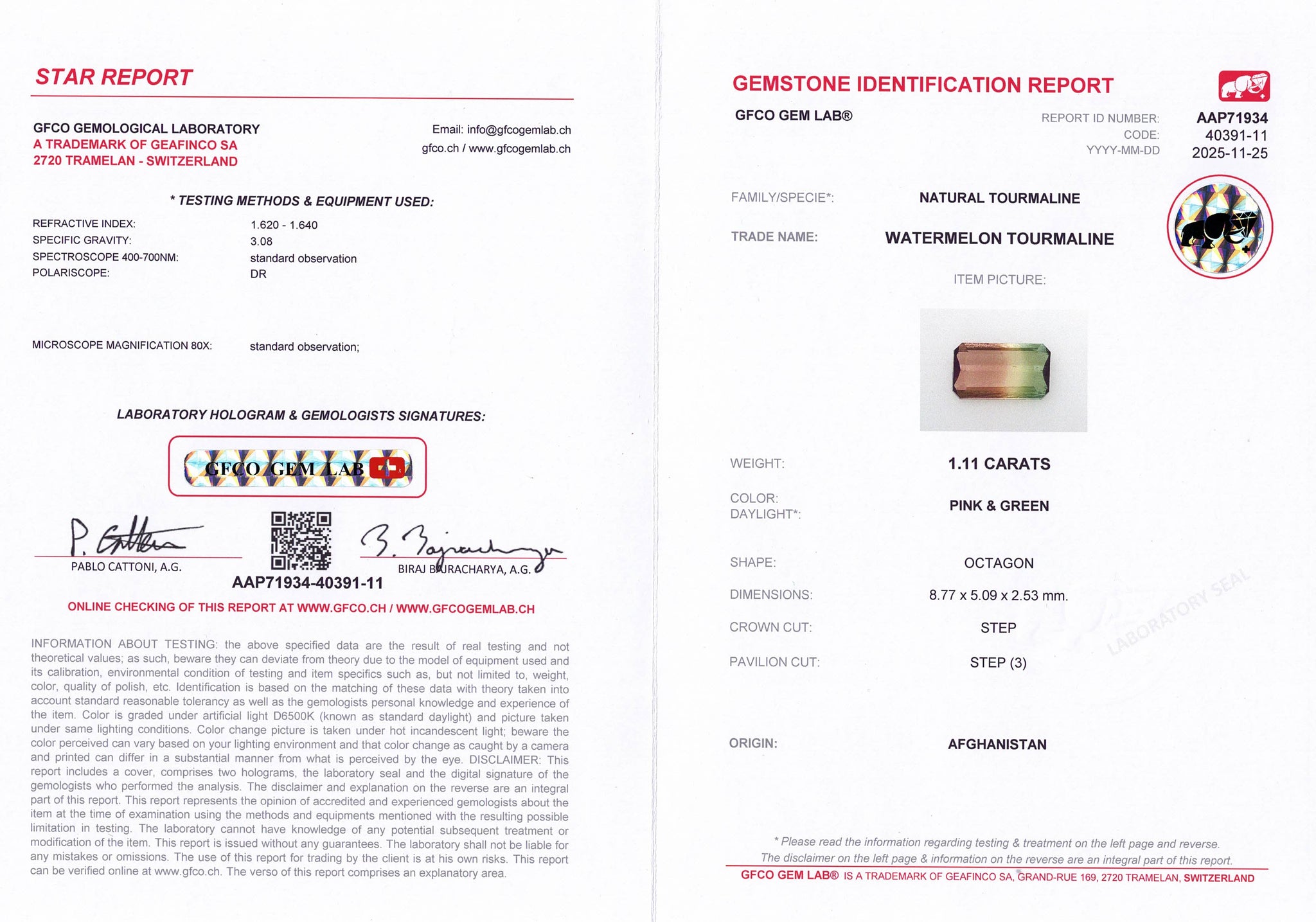 1.11ct Watermelon Tourmaline Emerald Cut Afghanistan Origin