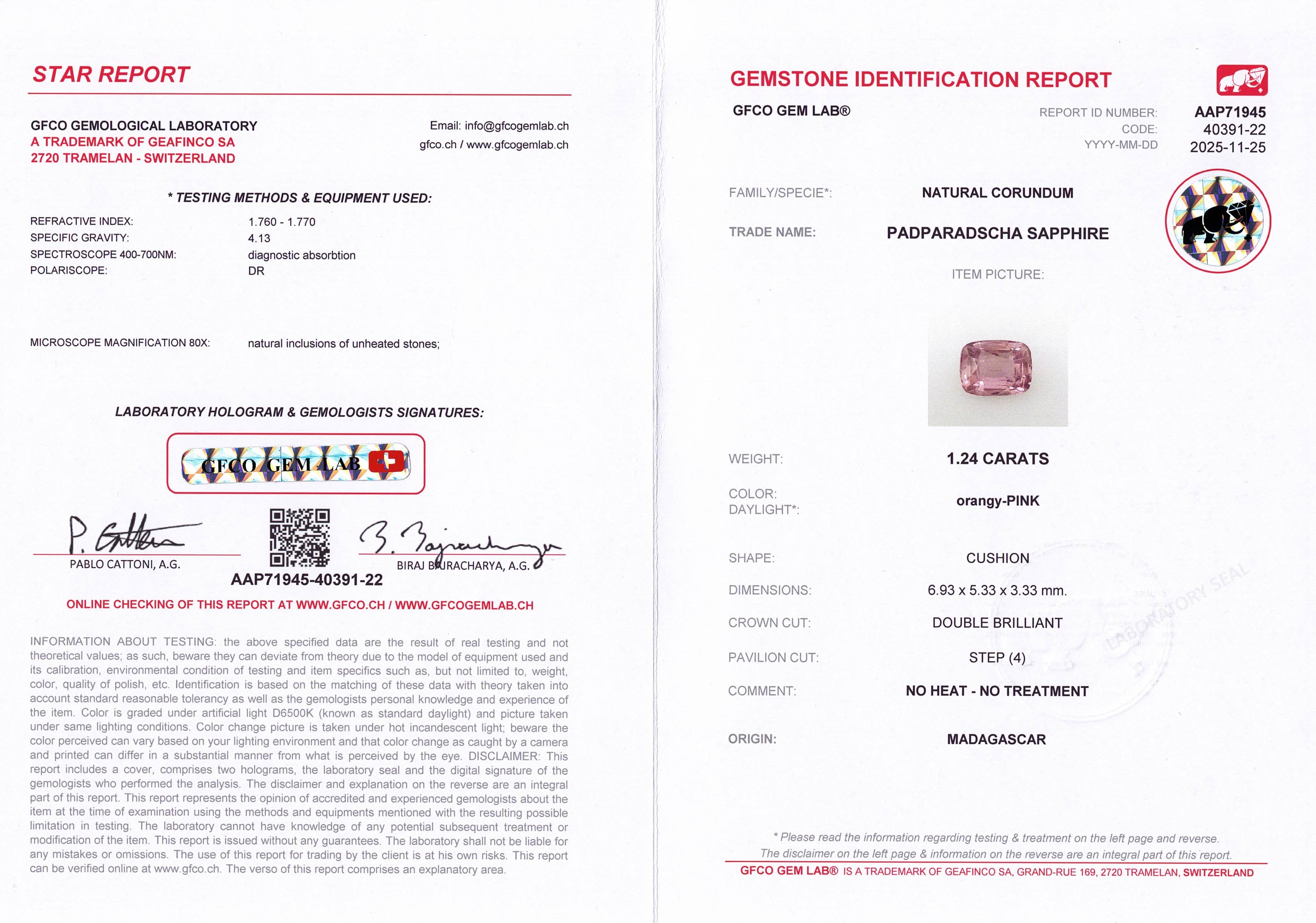 1.24ct Padparadscha Sapphire Unheated