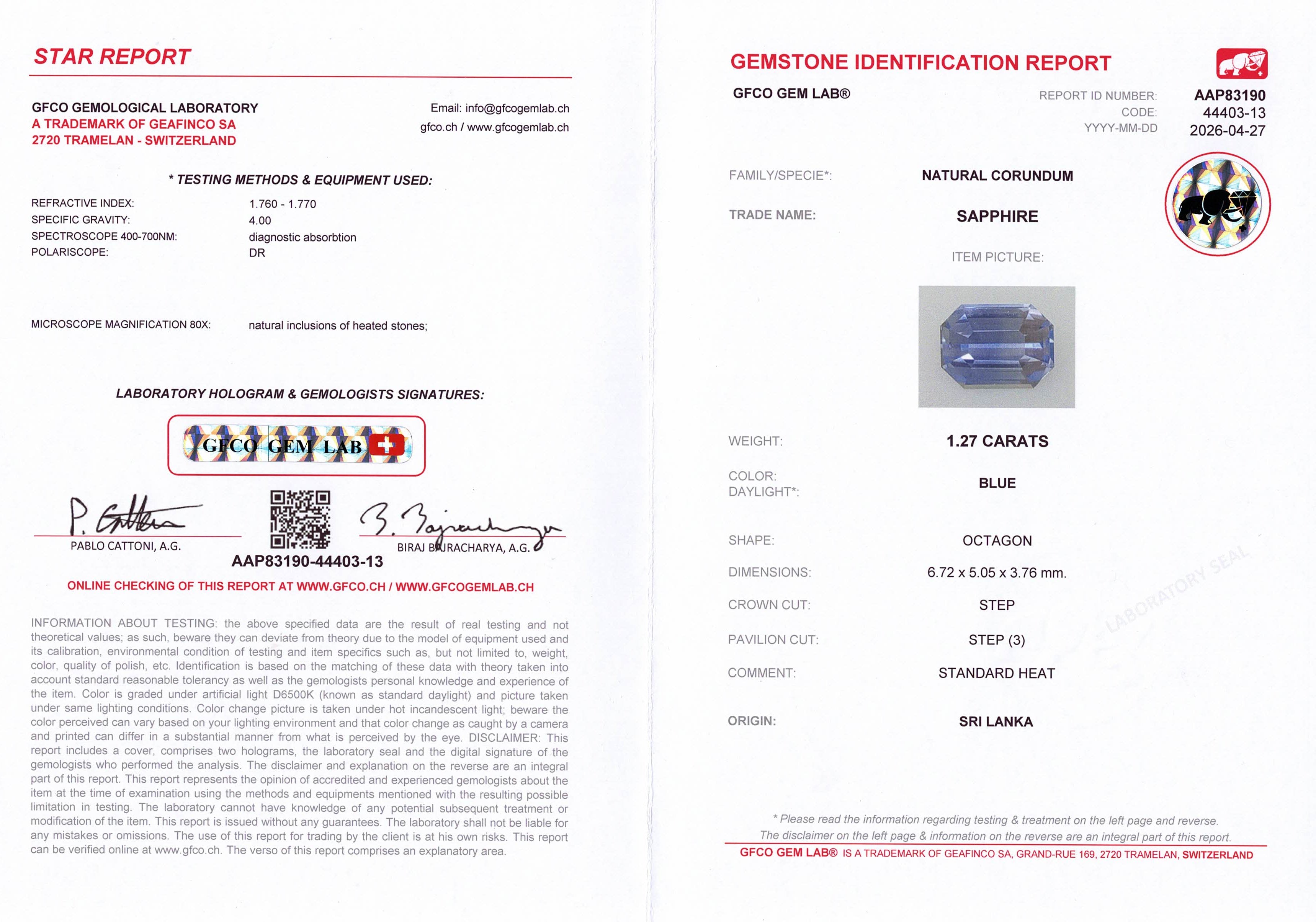 1.27ct Blue Sapphire GFCO Report
