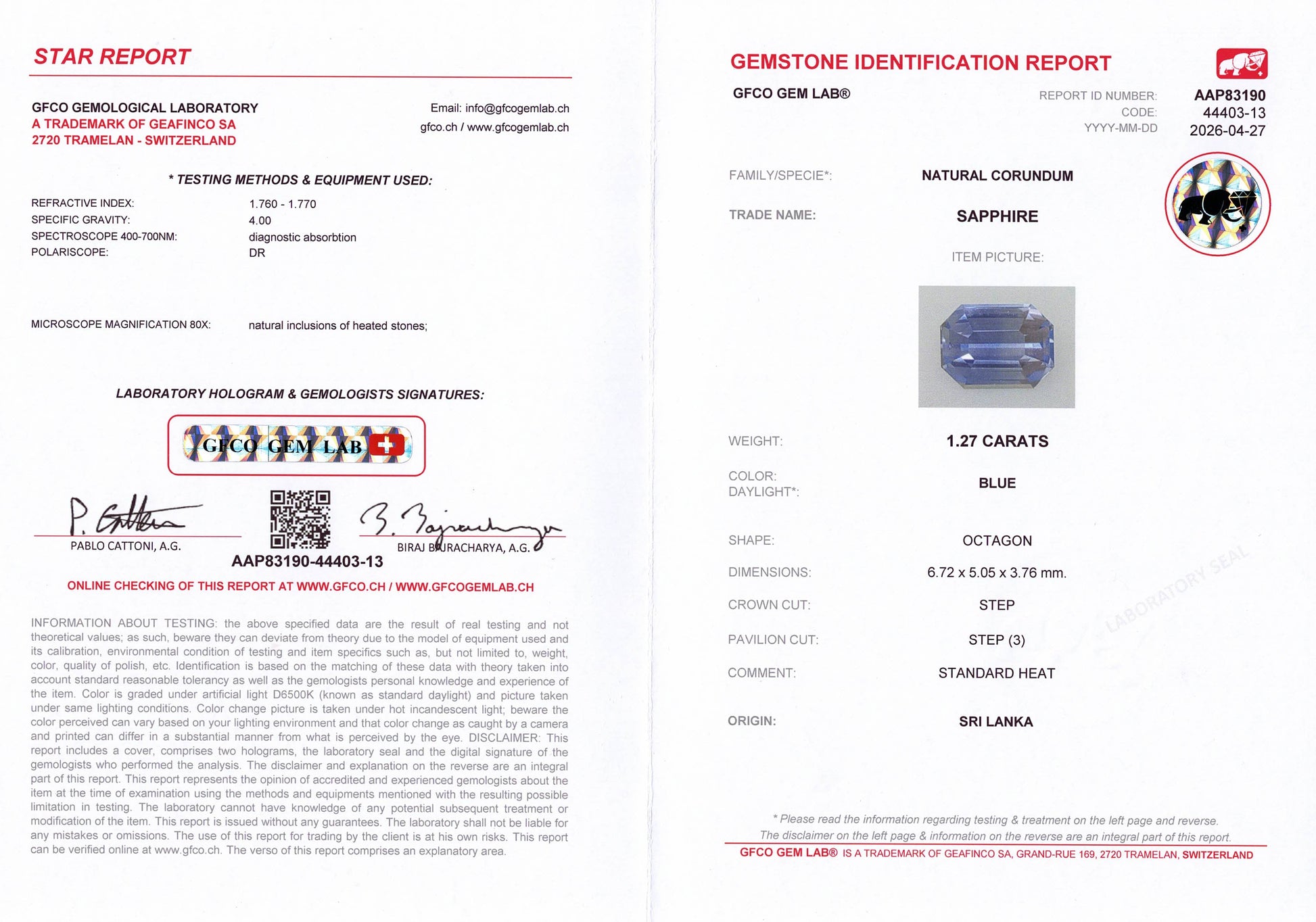 1.27ct Blue Sapphire GFCO Report
