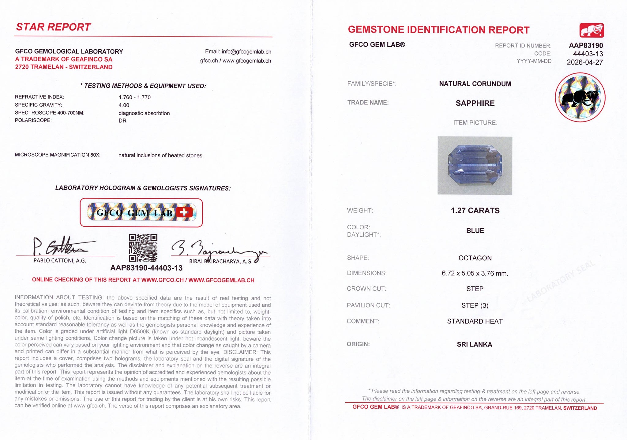 1.27ct Blue Sapphire GFCO Report
