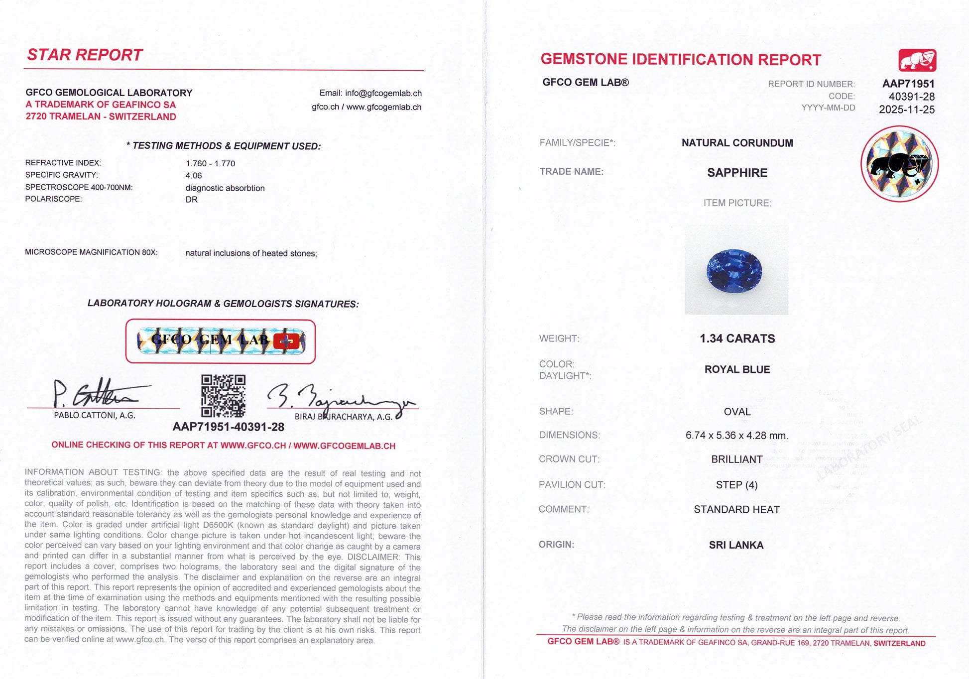 1.34ct Royal Blue Sapphire GFCO Report