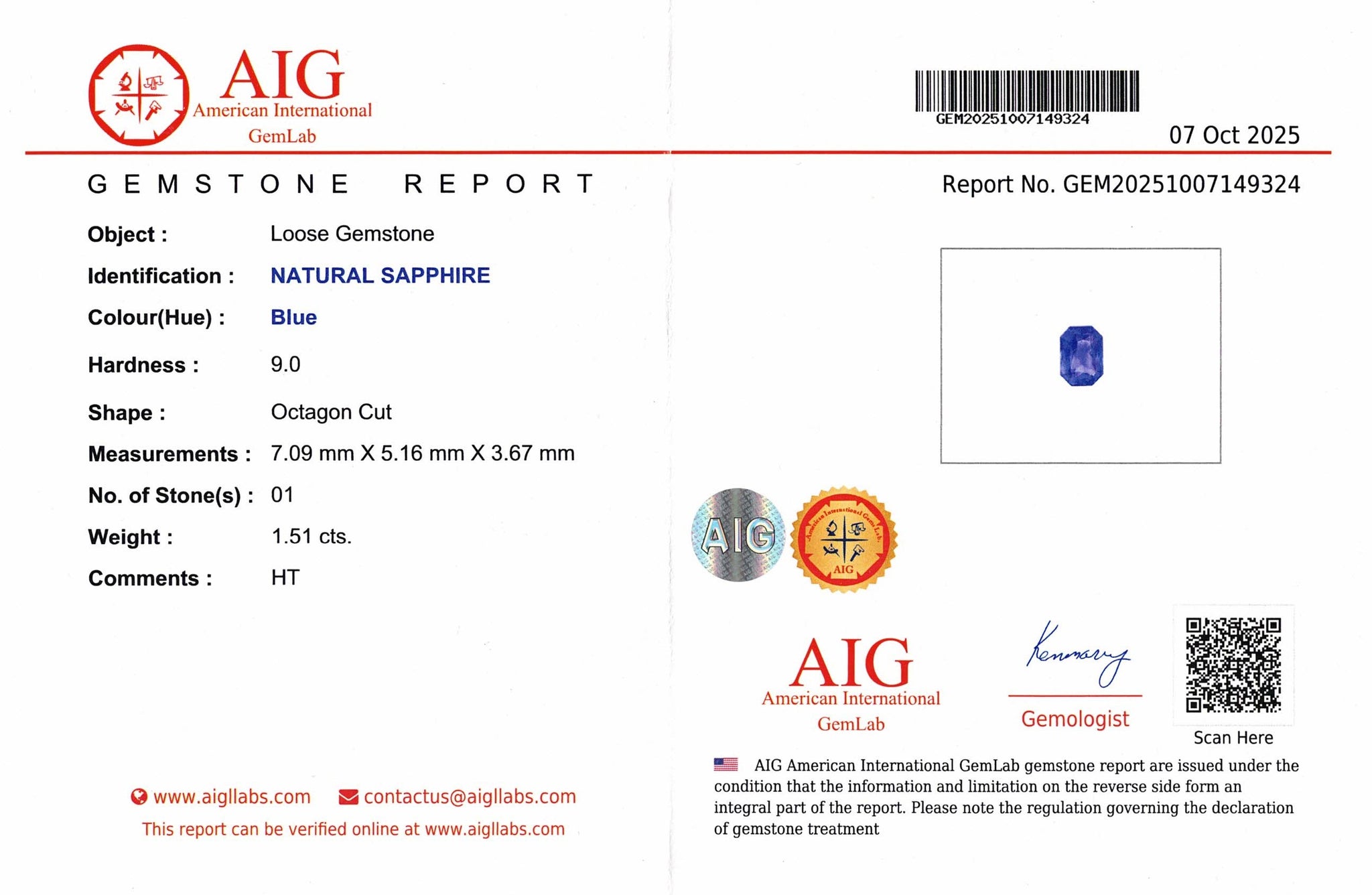 1.51ct Blue Sapphire Radiant Cut