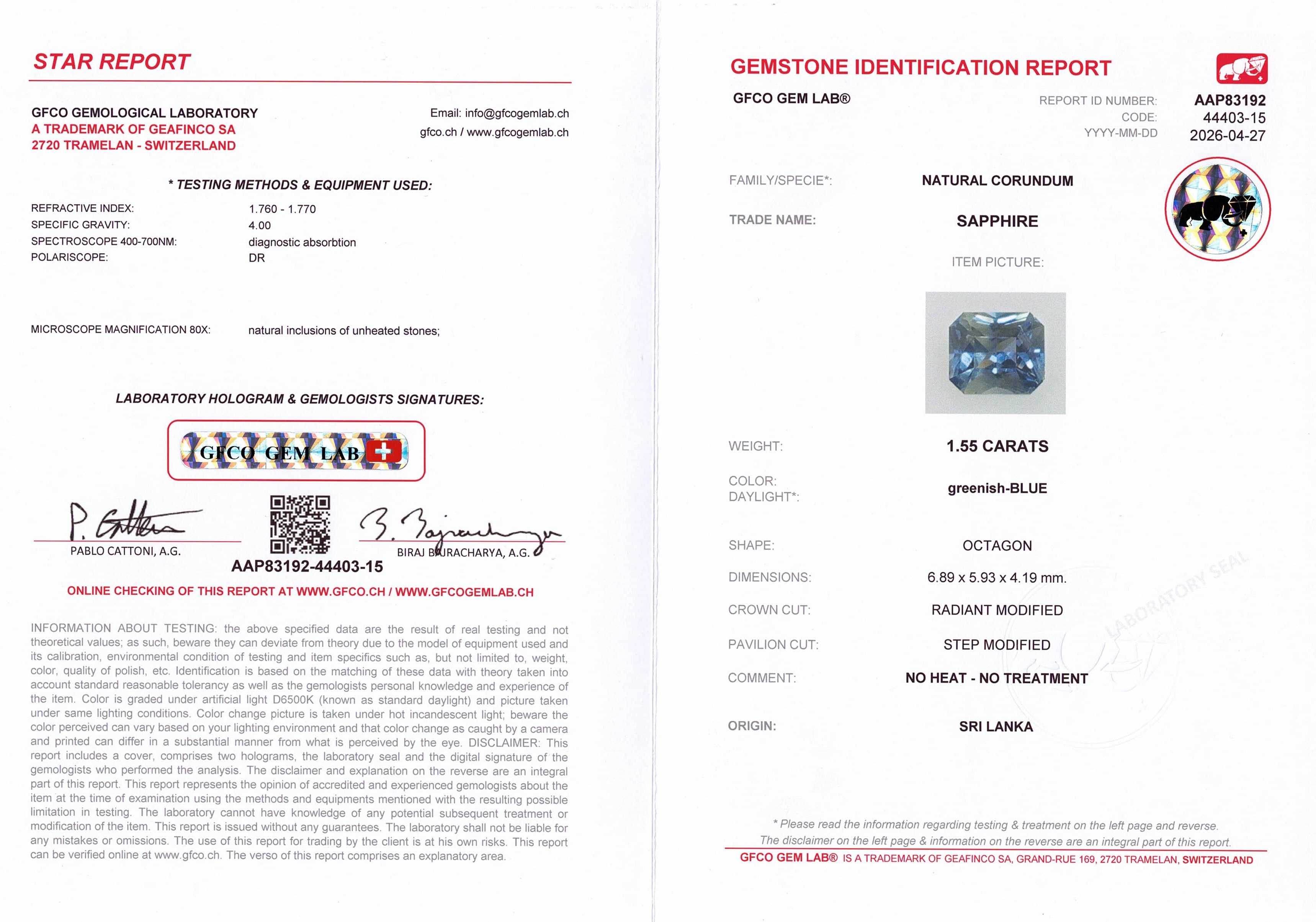 1.55ct Teal Blue Sapphire Radiant Cut GFCO Report