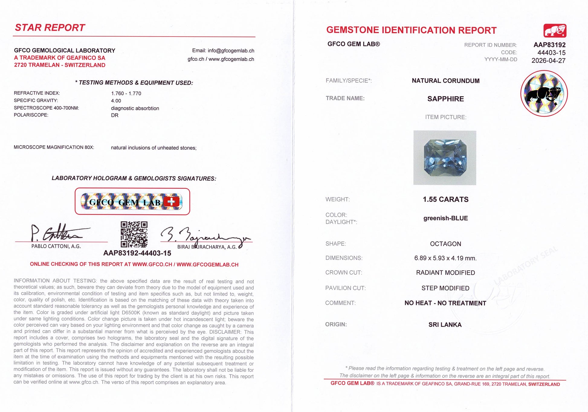 1.55ct Teal Blue Sapphire Radiant Cut GFCO Report