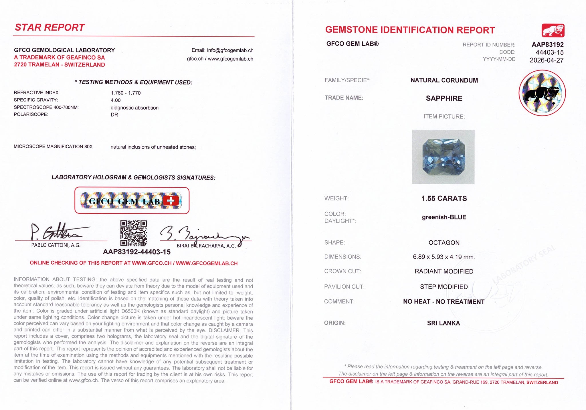 1.55ct Teal Blue Sapphire Radiant Cut GFCO Report