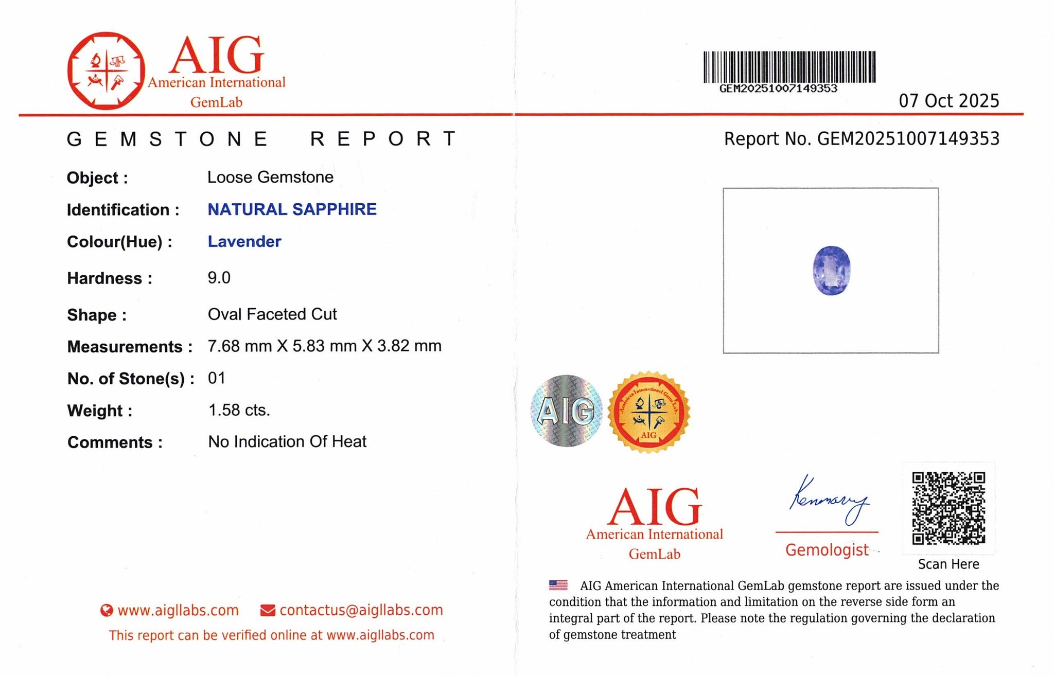 1.58ct Lavender Sapphire Oval Cut