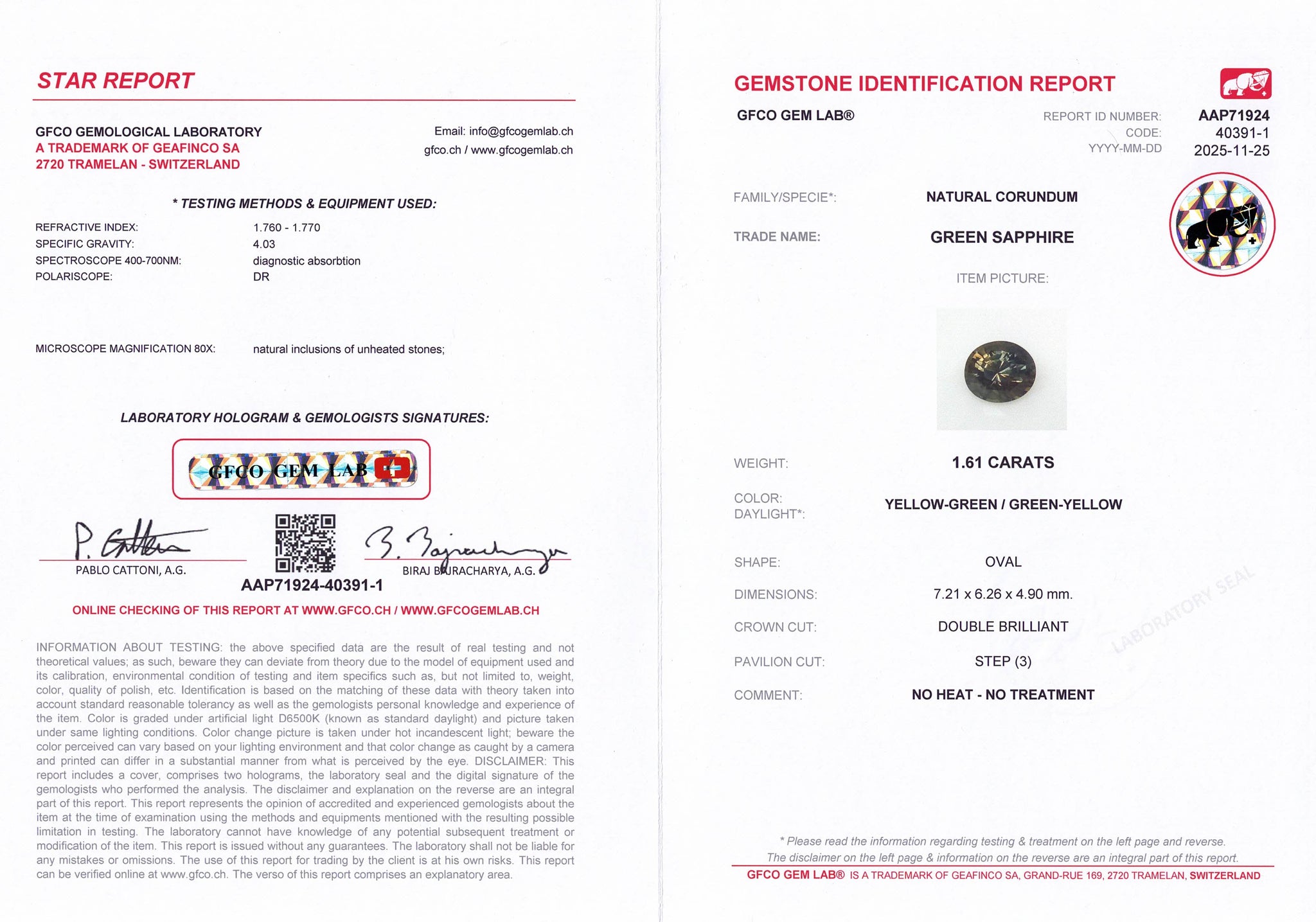 1.61ct Green Sapphire Unheated