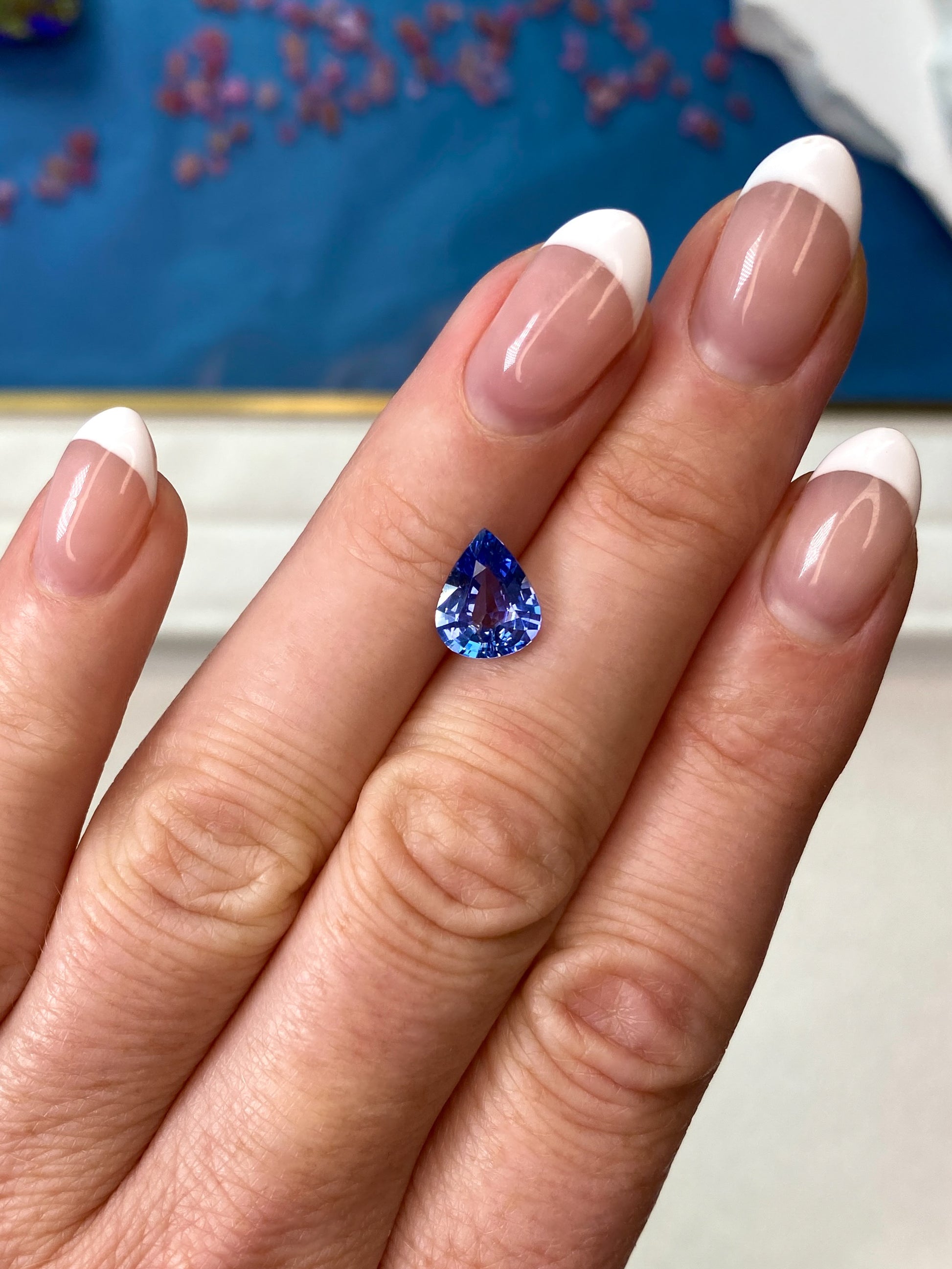 1.99ct Cornflower Blue Sapphire Pear Shape On Hand