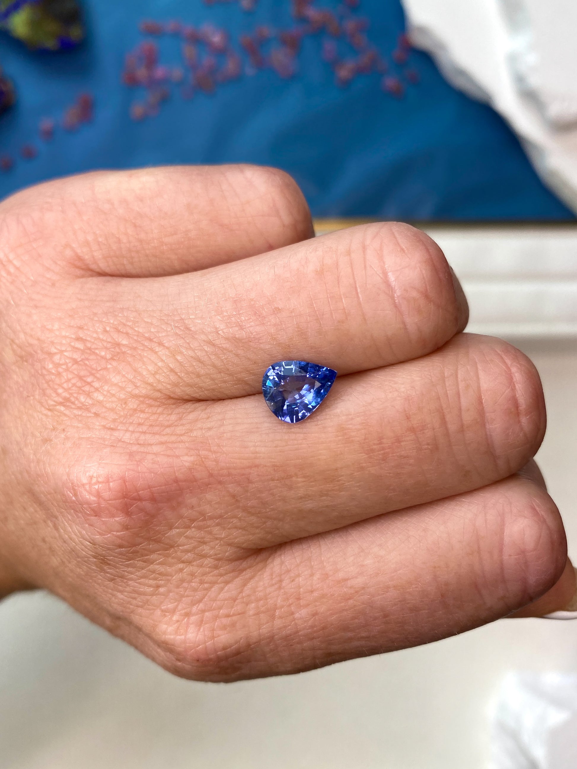 1.99ct Cornflower Blue Sapphire Pear Shape On Hand