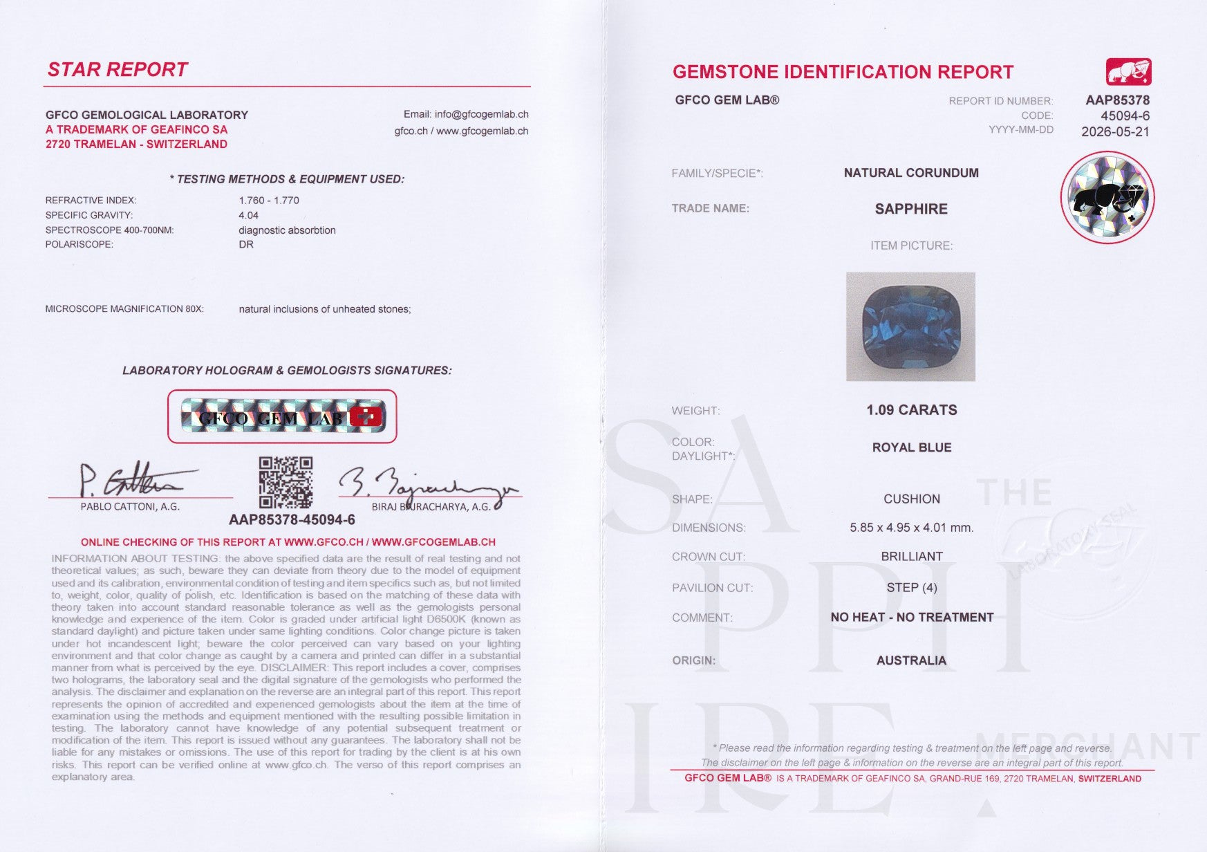 1.09ct Australian Royal Blue Sapphire Unheated
