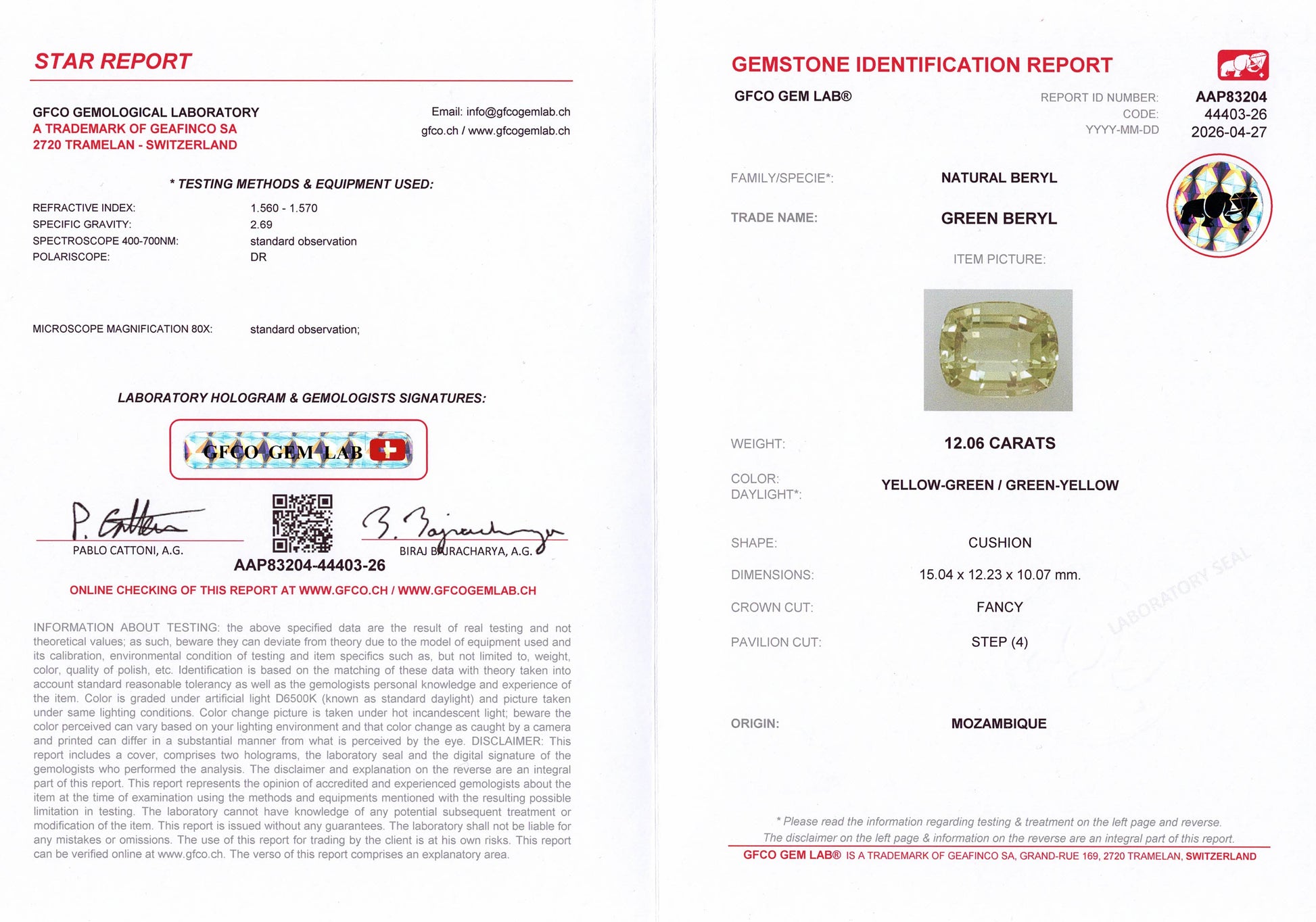 12.06ct Green Beryl GFCO