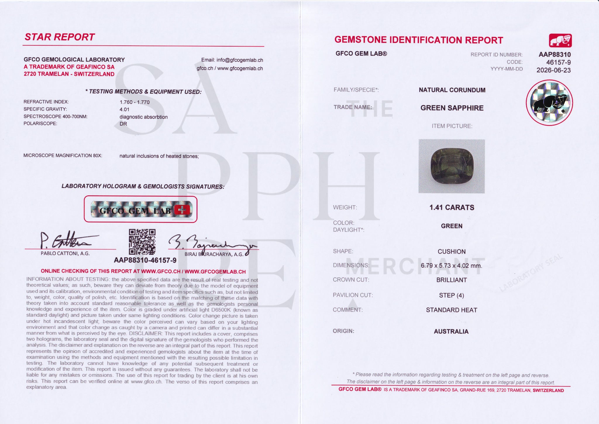 1.41ct Australian Mossy Green Sapphire Unheated
