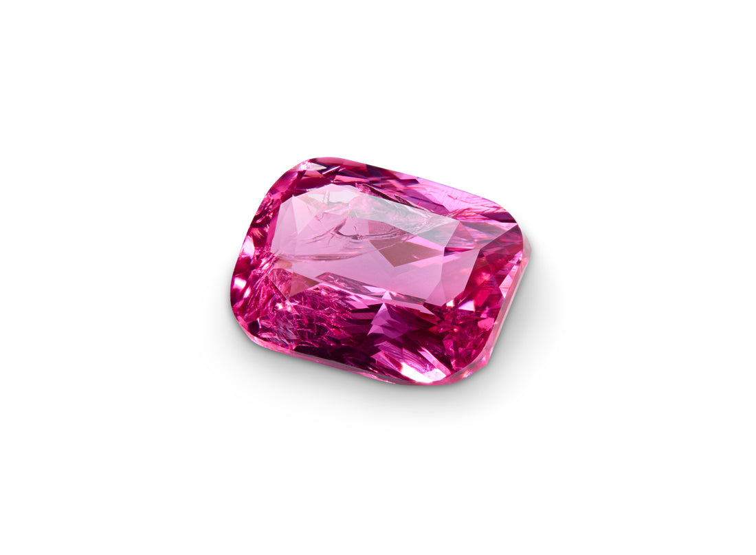 2.01ct Mahenge Spinel Cushion Cut on a white background to show clarity.