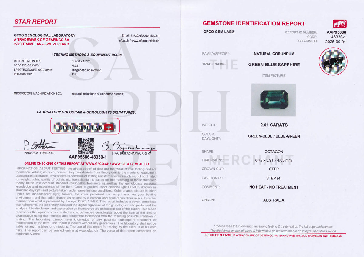 2.01ct Green Australian Sapphire Emerald cut on a white background to show clarity.
