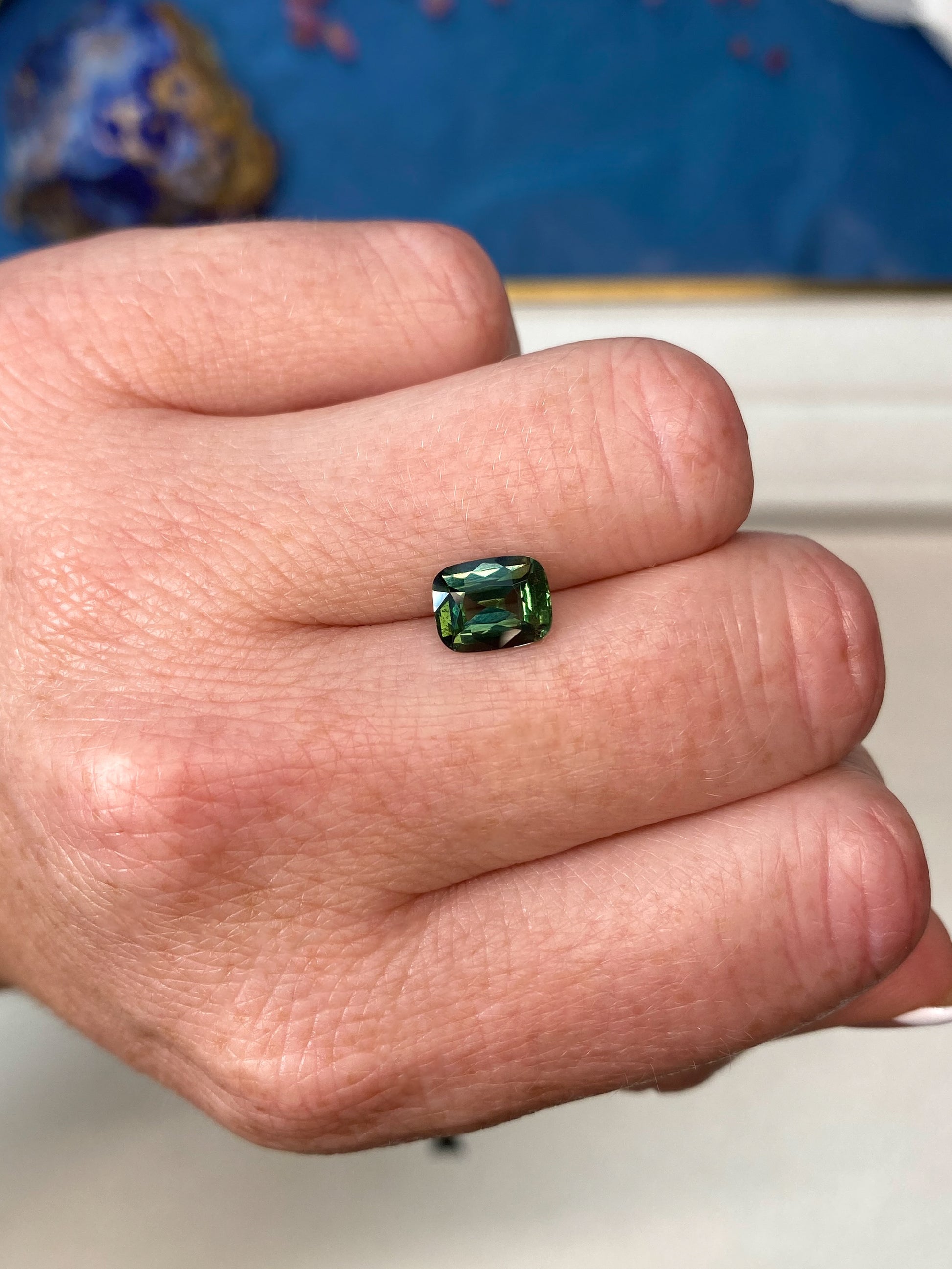 2.02ct Green Sapphire Cushion Cut On hand