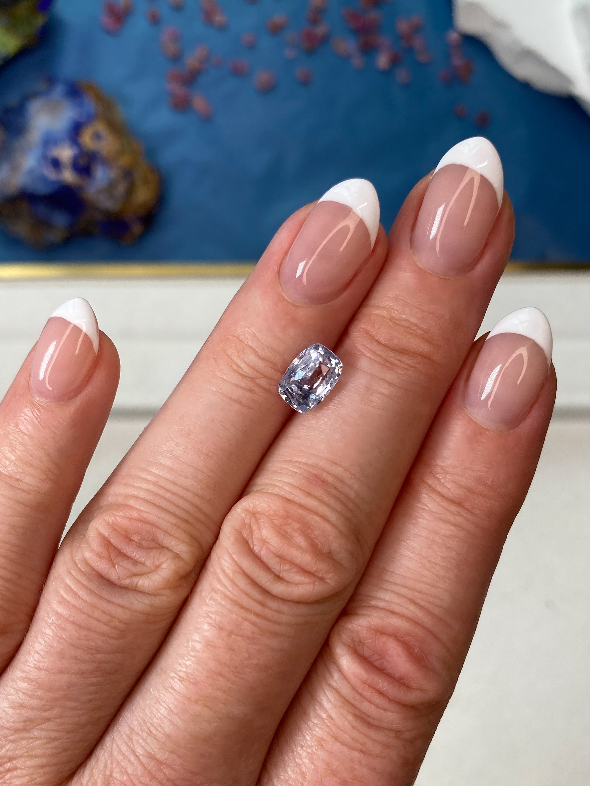 2.35ct Pastel Blue Sapphire Cushion Cut On hand