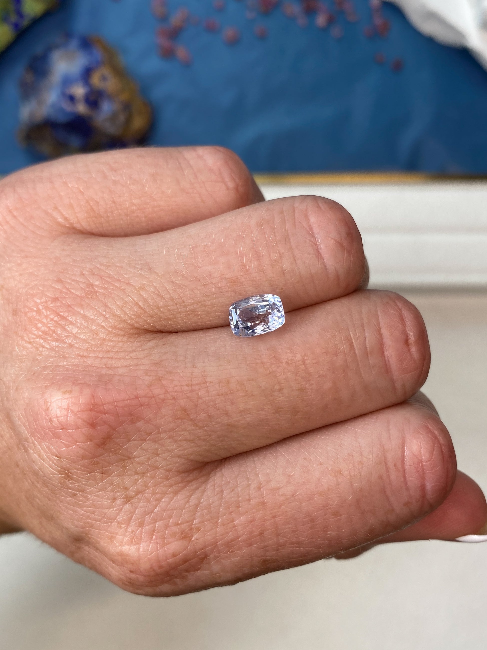 2.35ct Pastel Blue Sapphire Cushion Cut On hand