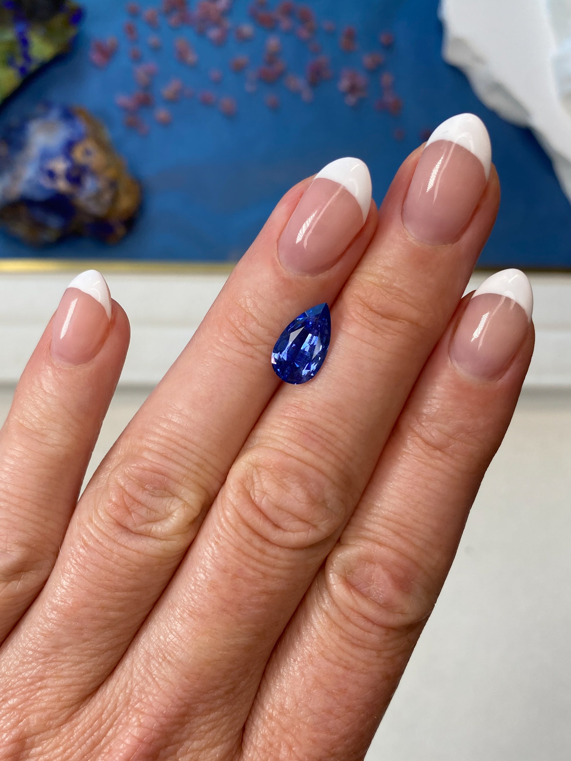 2.45ct Cornflower Blue Sapphire Pear Shape On Hand