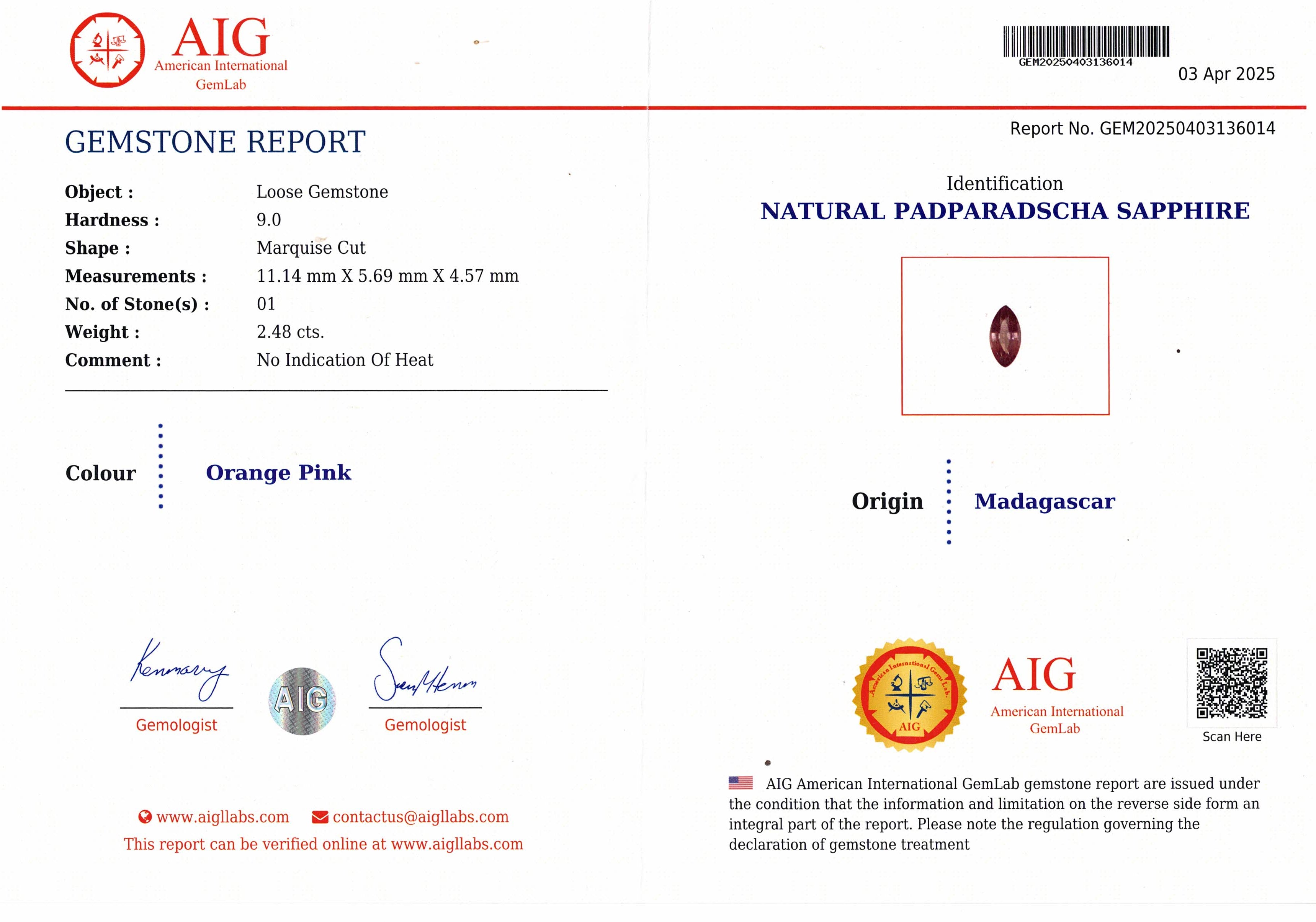 2.48ct Padparadscha Sapphire Unheated