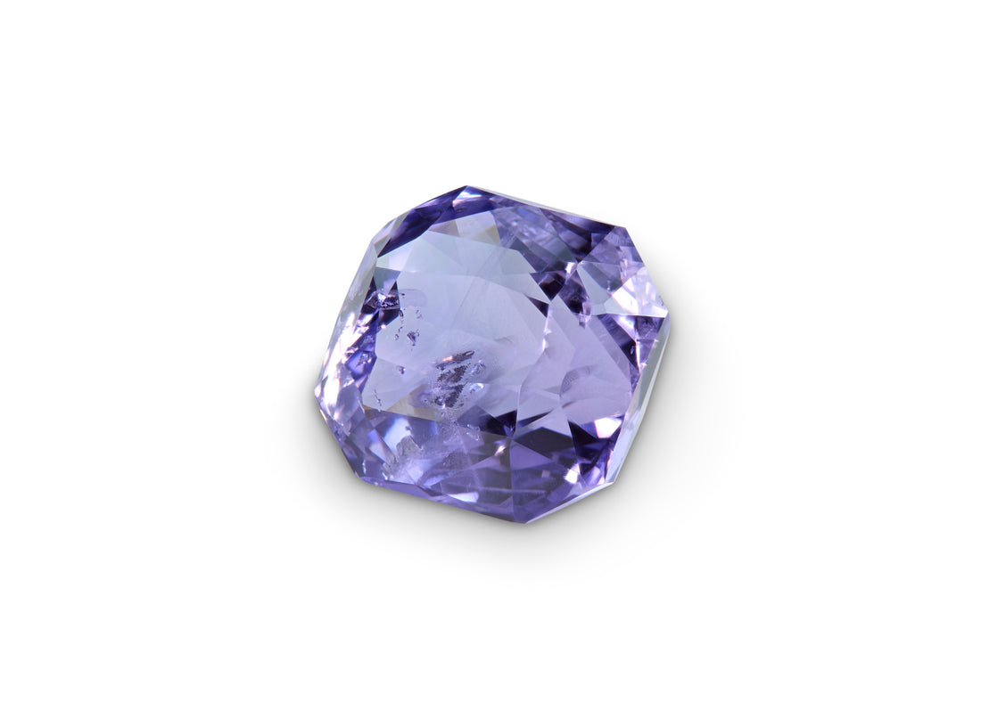 2.56ct Lavender Sapphire in a Radiant Cut on white background to show clarity. 