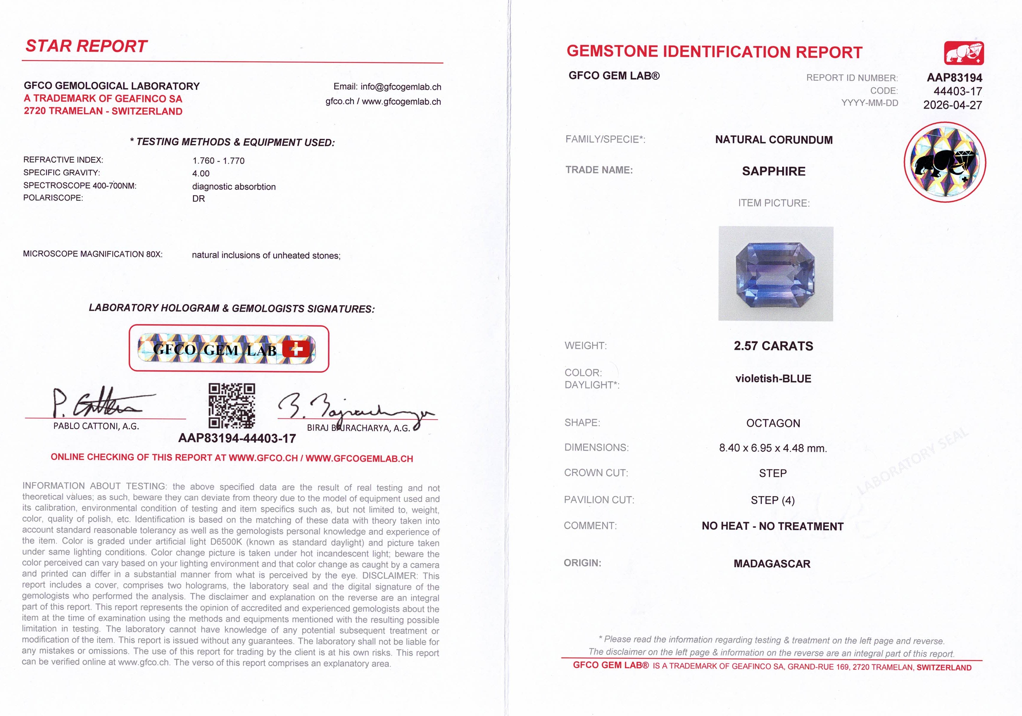 2.57ct Violet Blue Sapphire GFCO report