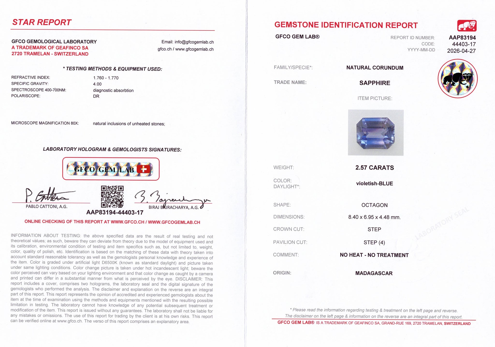 2.57ct Violet Blue Sapphire GFCO report