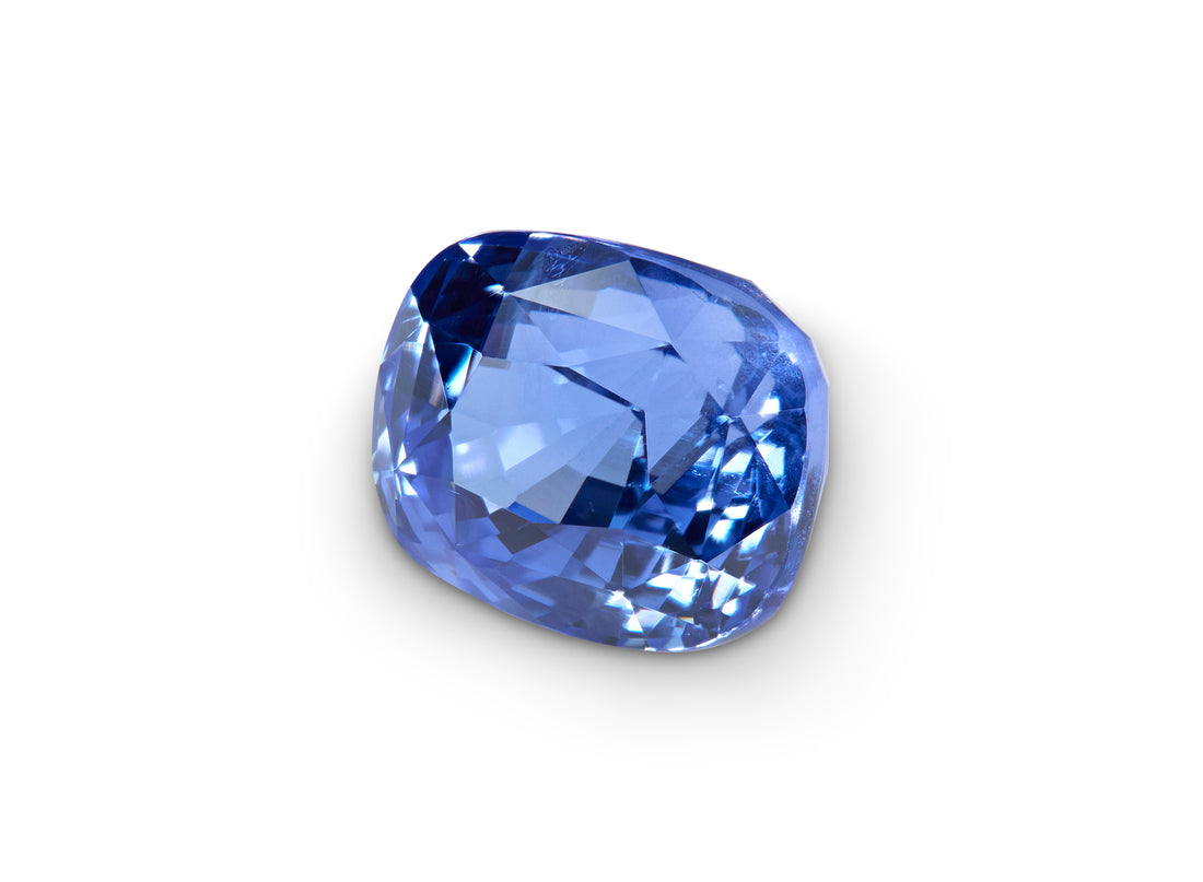 2.62ct Cornflower Blue Sapphire, Cushion Cut, on white background to show clarity.